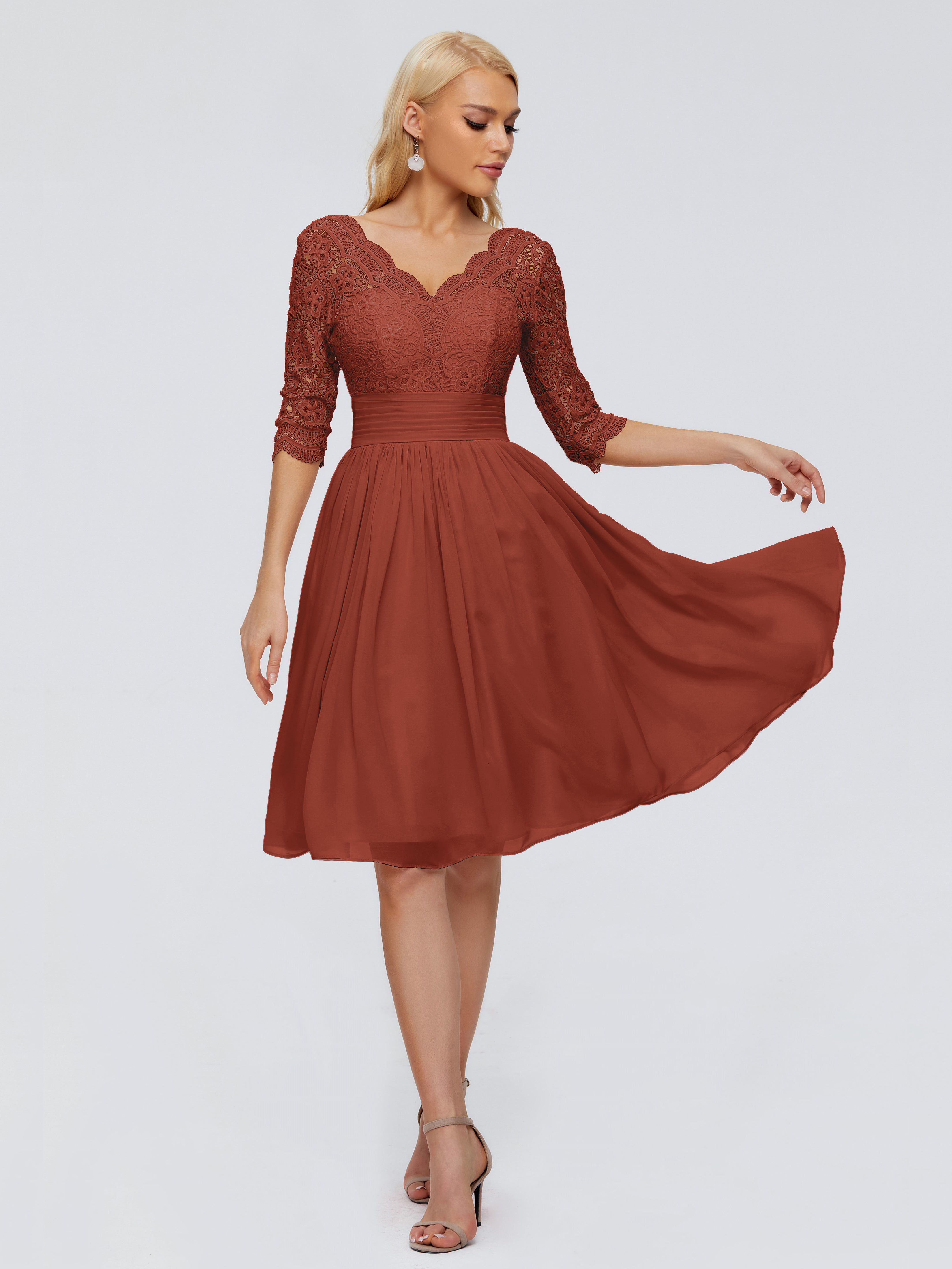Longues Robes De Demoiselle D'Honneur De Rouille Longueur Genou Dentelle Robes Demoiselle D'Honneur