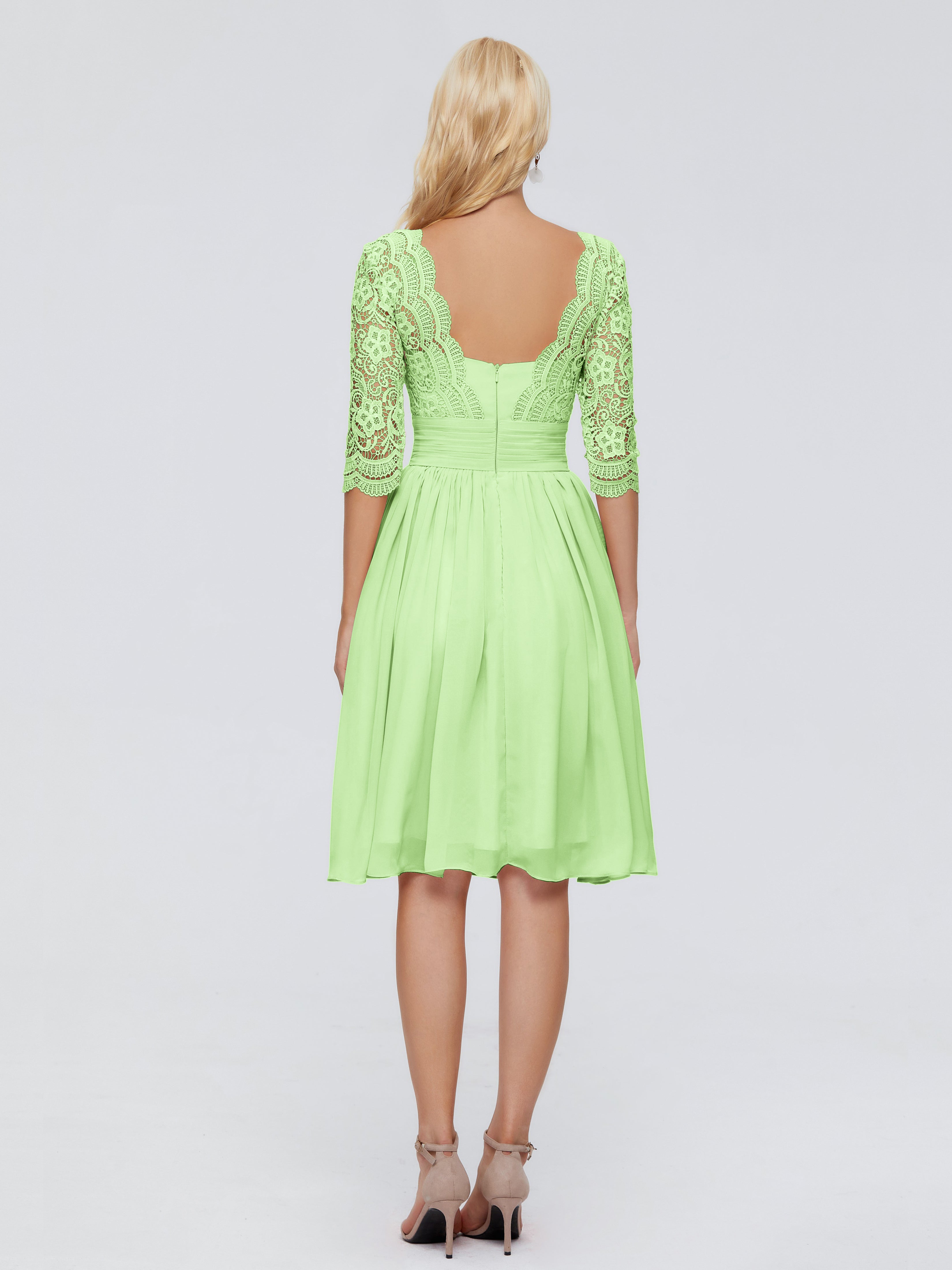 Robe Vert Sauge Demoiselle D Honneur Longueur Genou Dentelle Robes Demoiselle D'Honneur