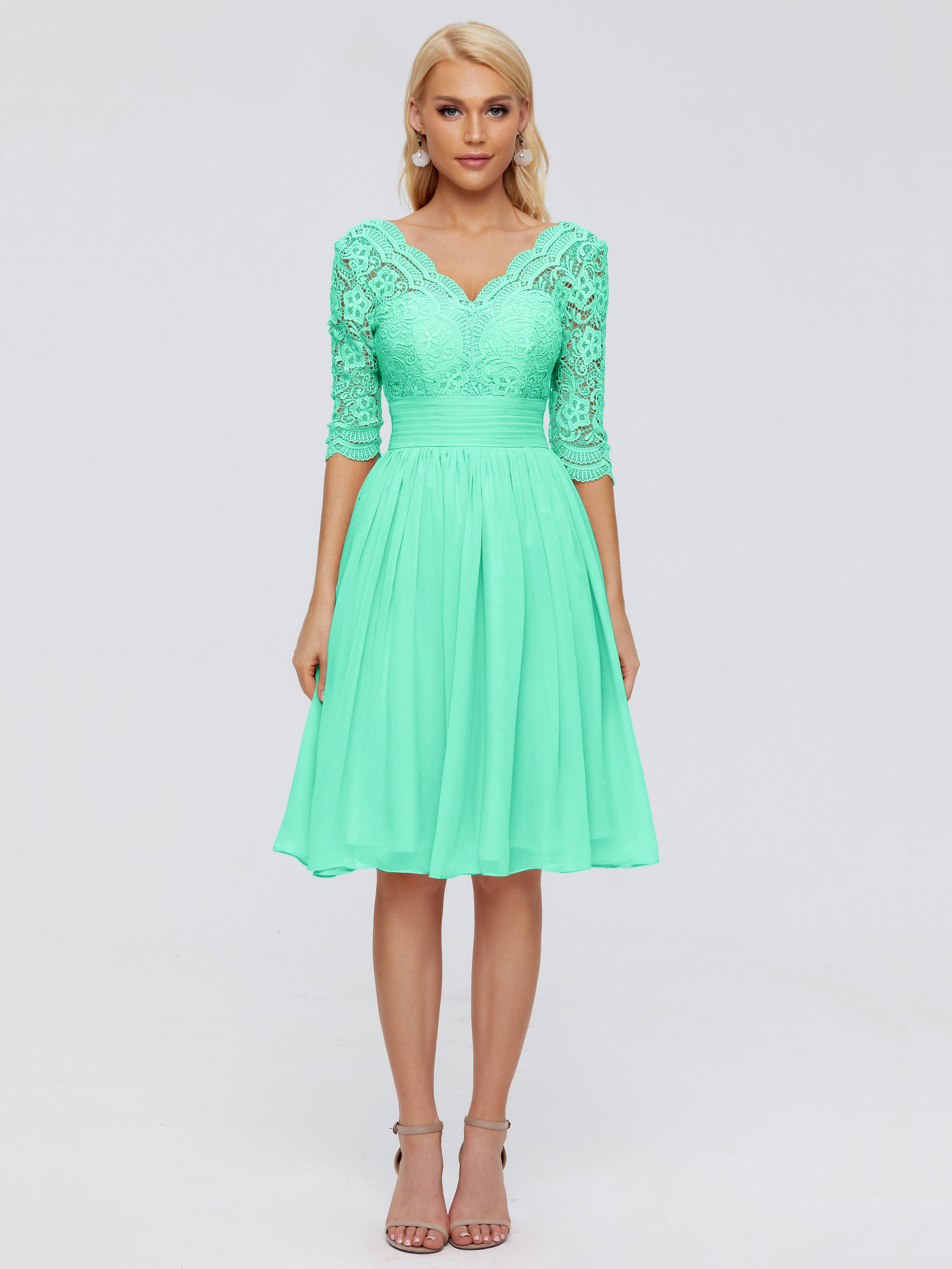 Robe Demoiselle D Honneur Turquoise Longueur Genou Dentelle Robes Demoiselle D'Honneur
