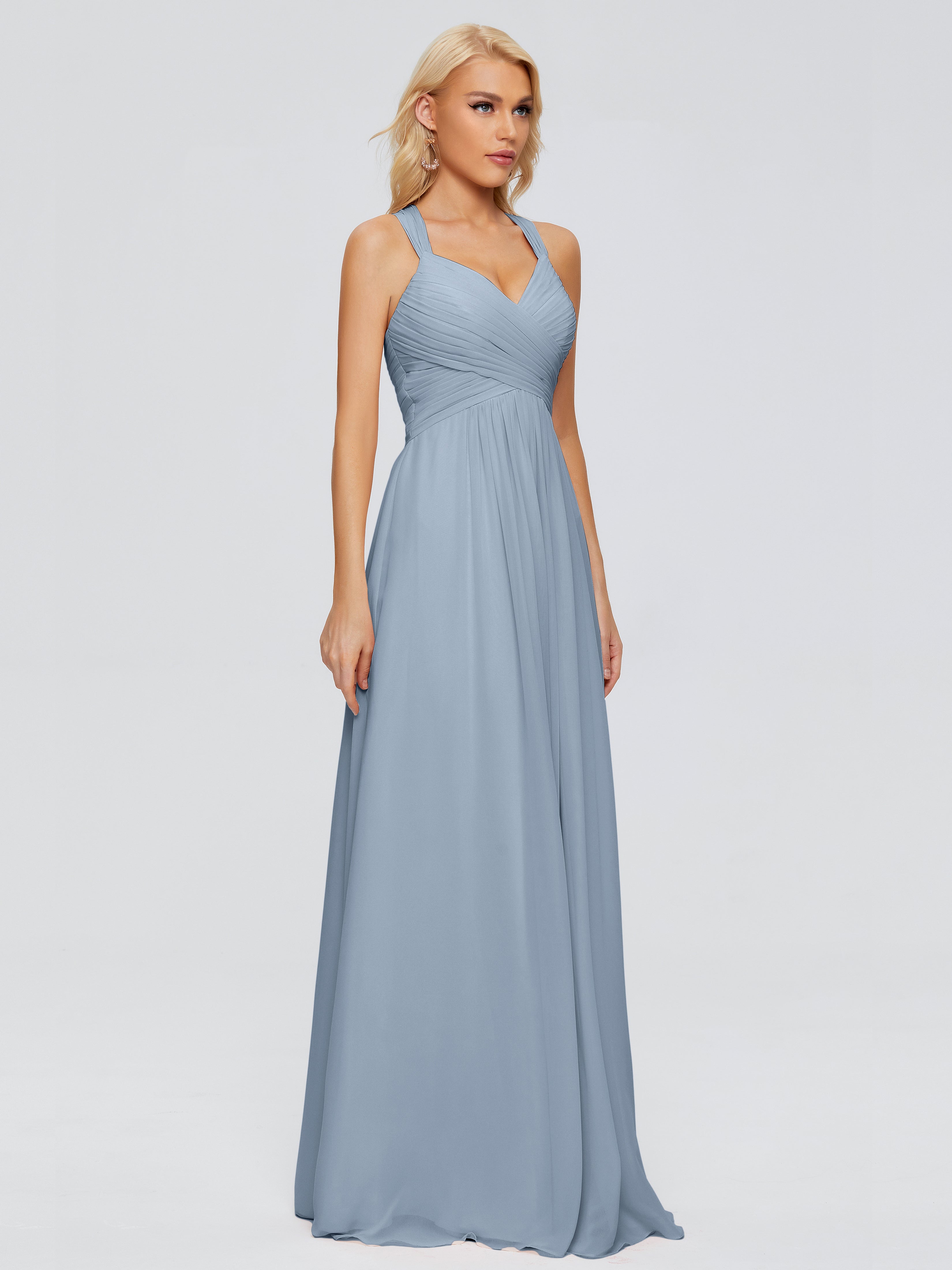 Robes De Demoiselle D'Honneur Bleu Poussiéreux Trapèze Bretelles Croisées Mousseline Robes Demoiselle D'Honneur
