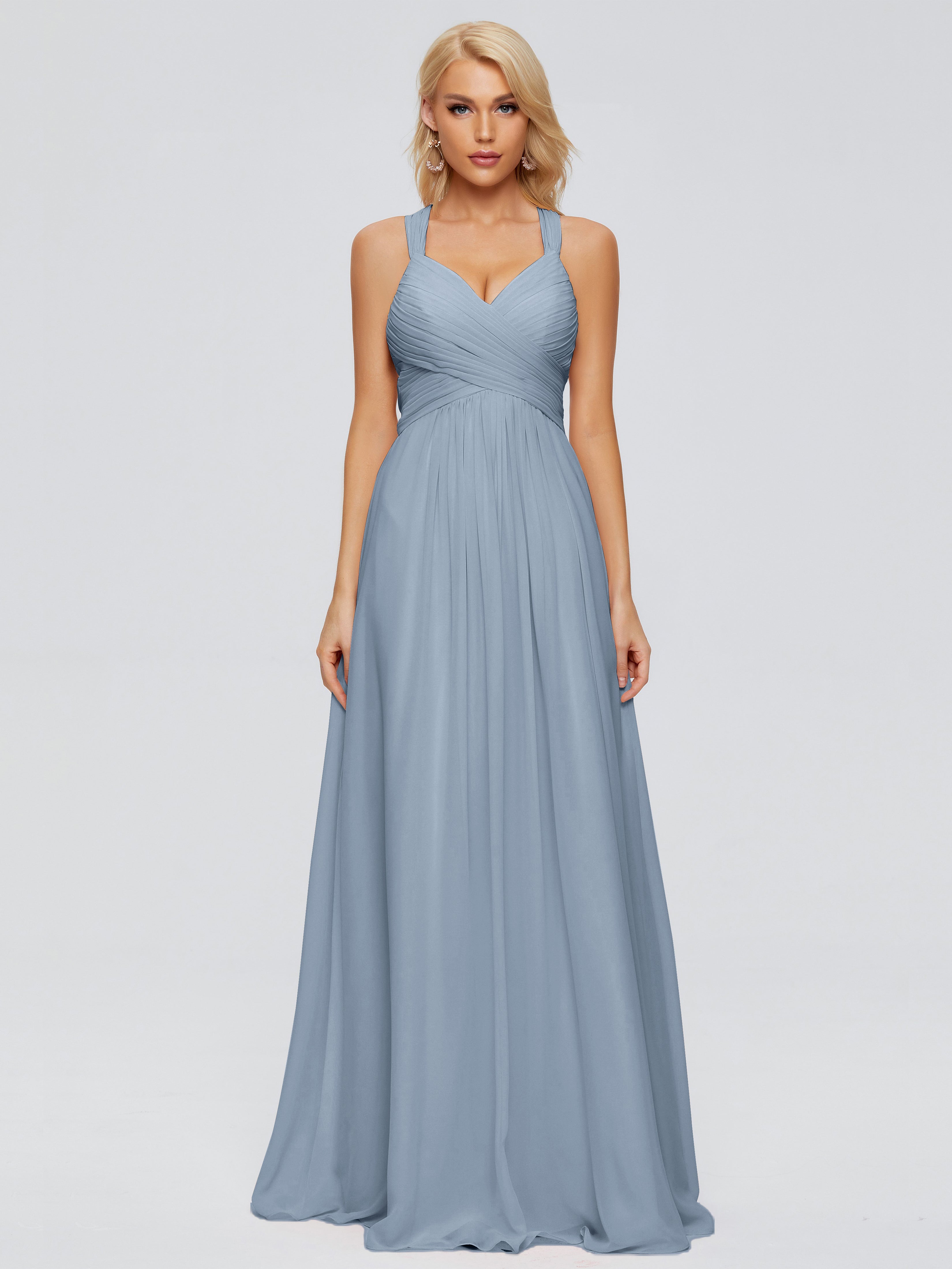 Robes De Demoiselle D'Honneur Bleu Poussiéreux Trapèze Bretelles Croisées Mousseline Robes Demoiselle D'Honneur