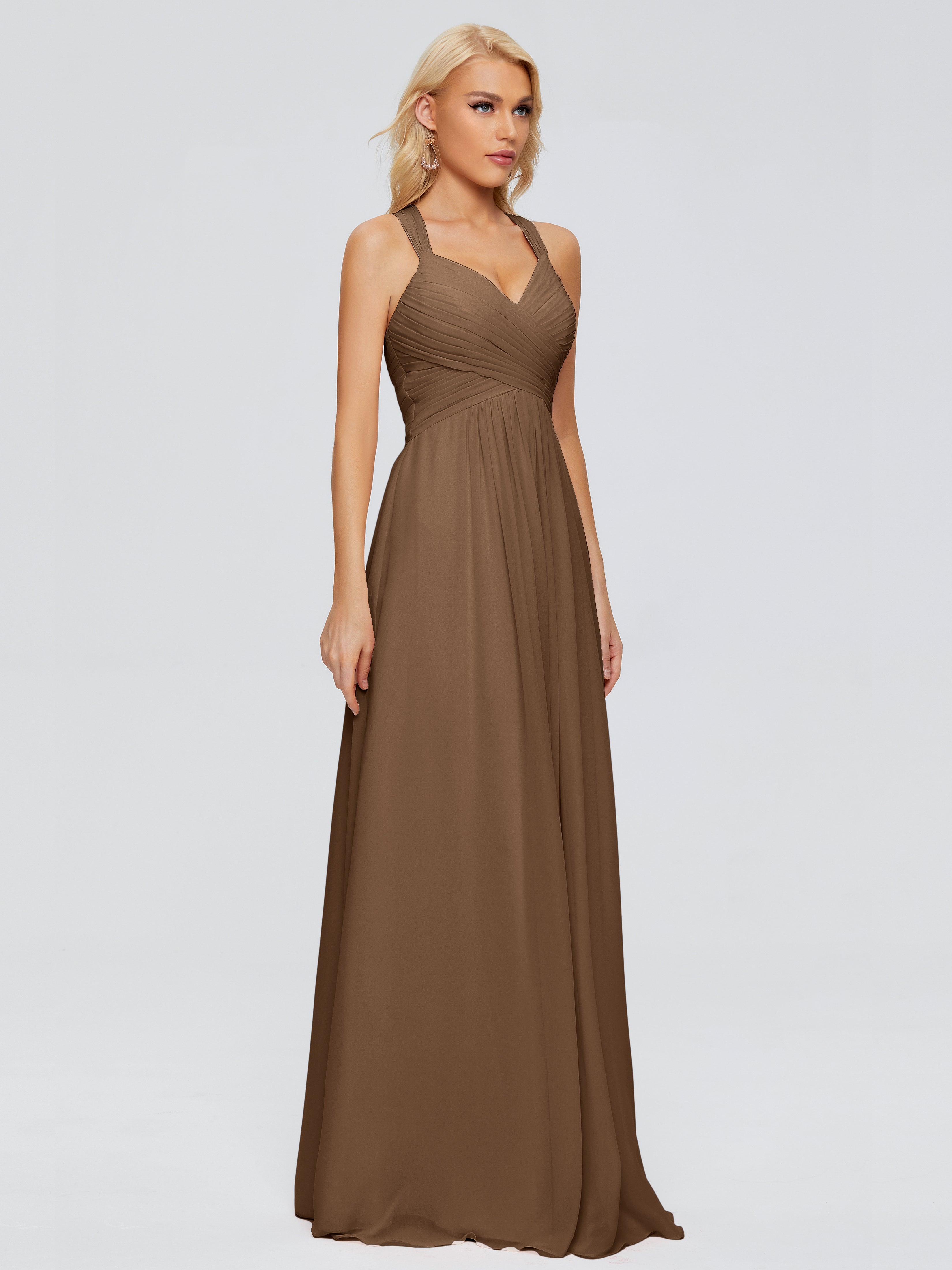 Robe Demoiselle D Honneur Brun Trapèze Bretelles Croisées Mousseline Robes Demoiselle D'Honneur
