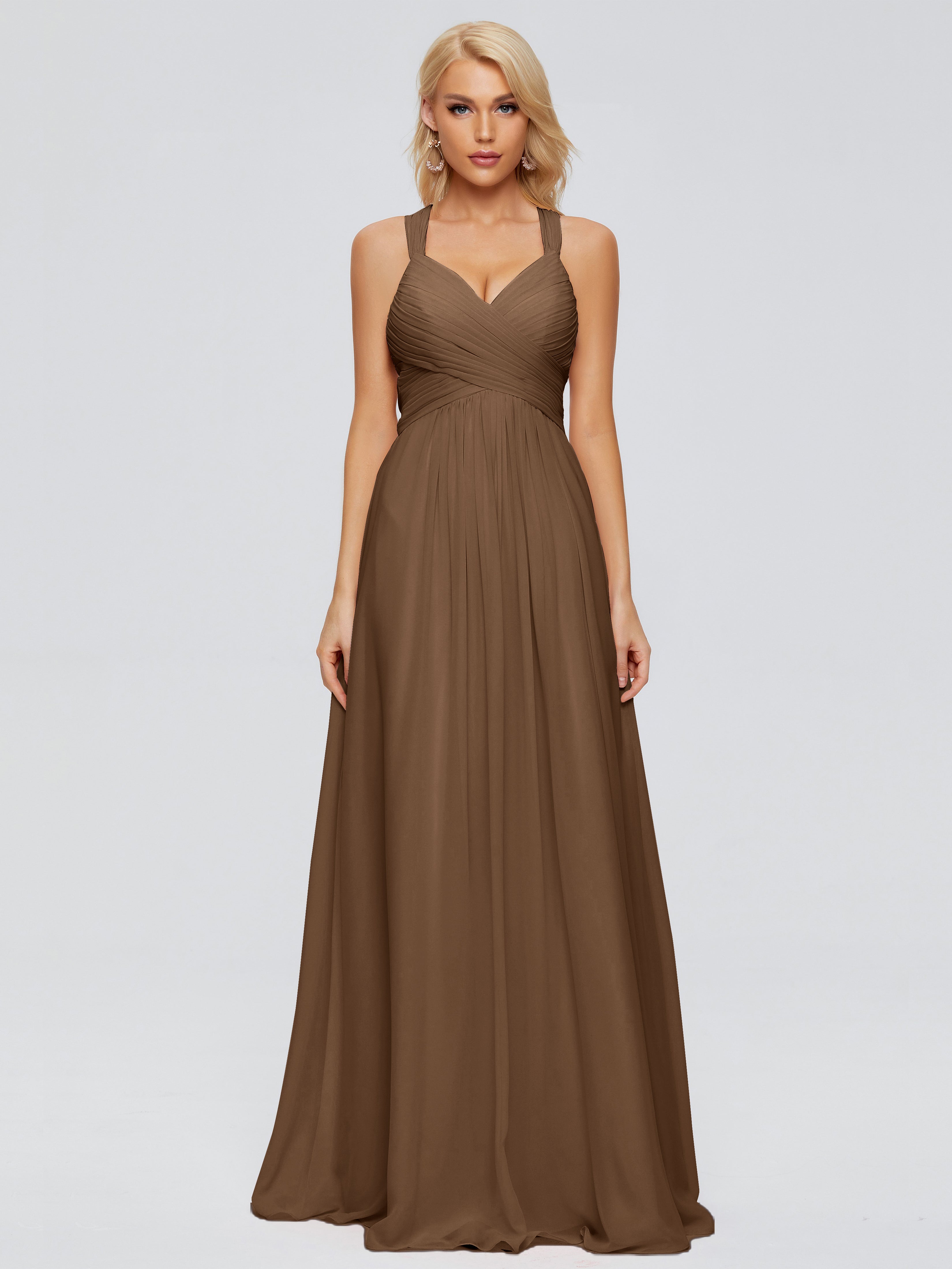 Robe Demoiselle D Honneur Brun Trapèze Bretelles Croisées Mousseline Robes Demoiselle D'Honneur