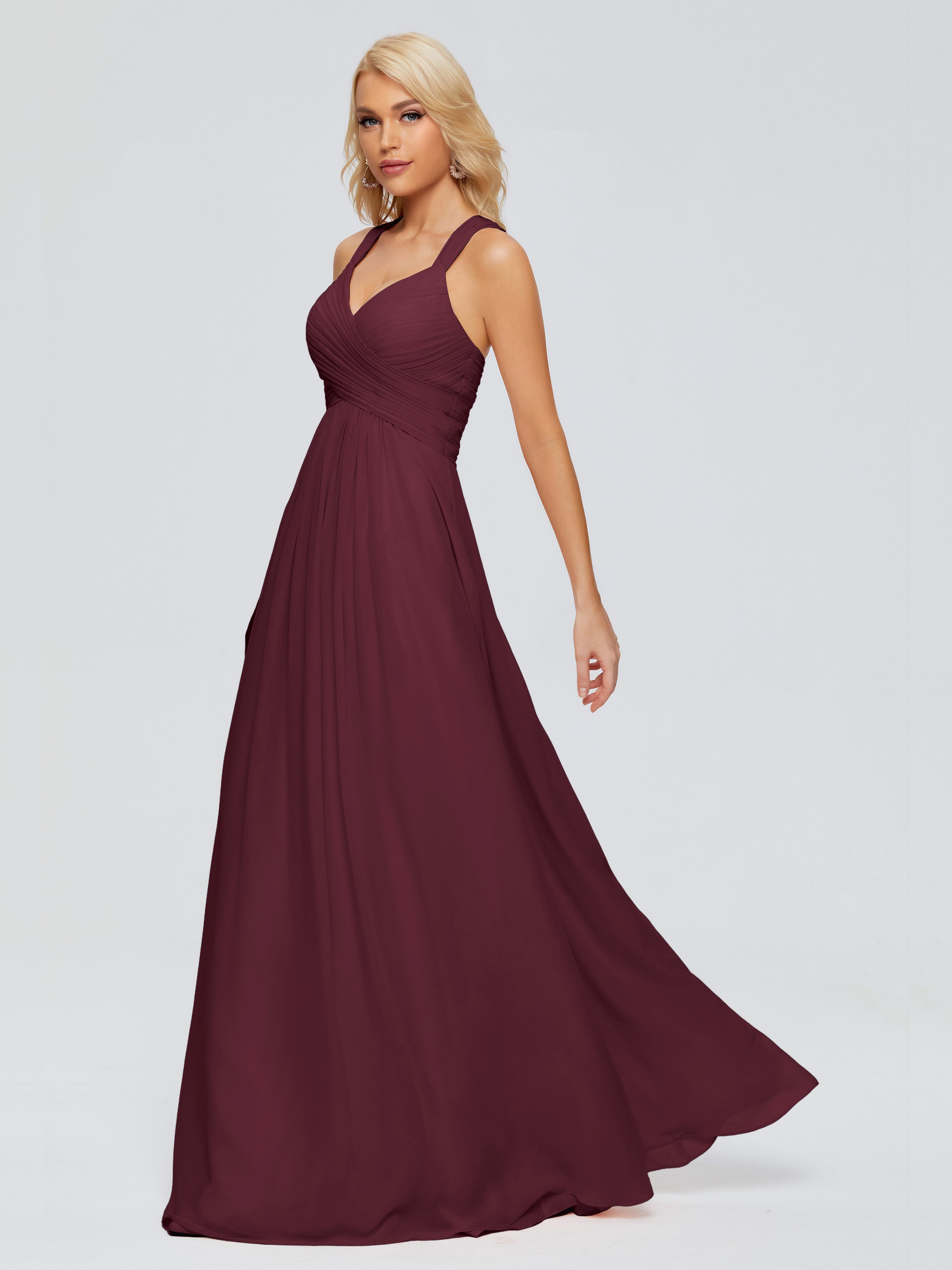 Robes De Demoiselle D'Honneur Cabernet Trapèze Bretelles Croisées Mousseline Robes Demoiselle D'Honneur