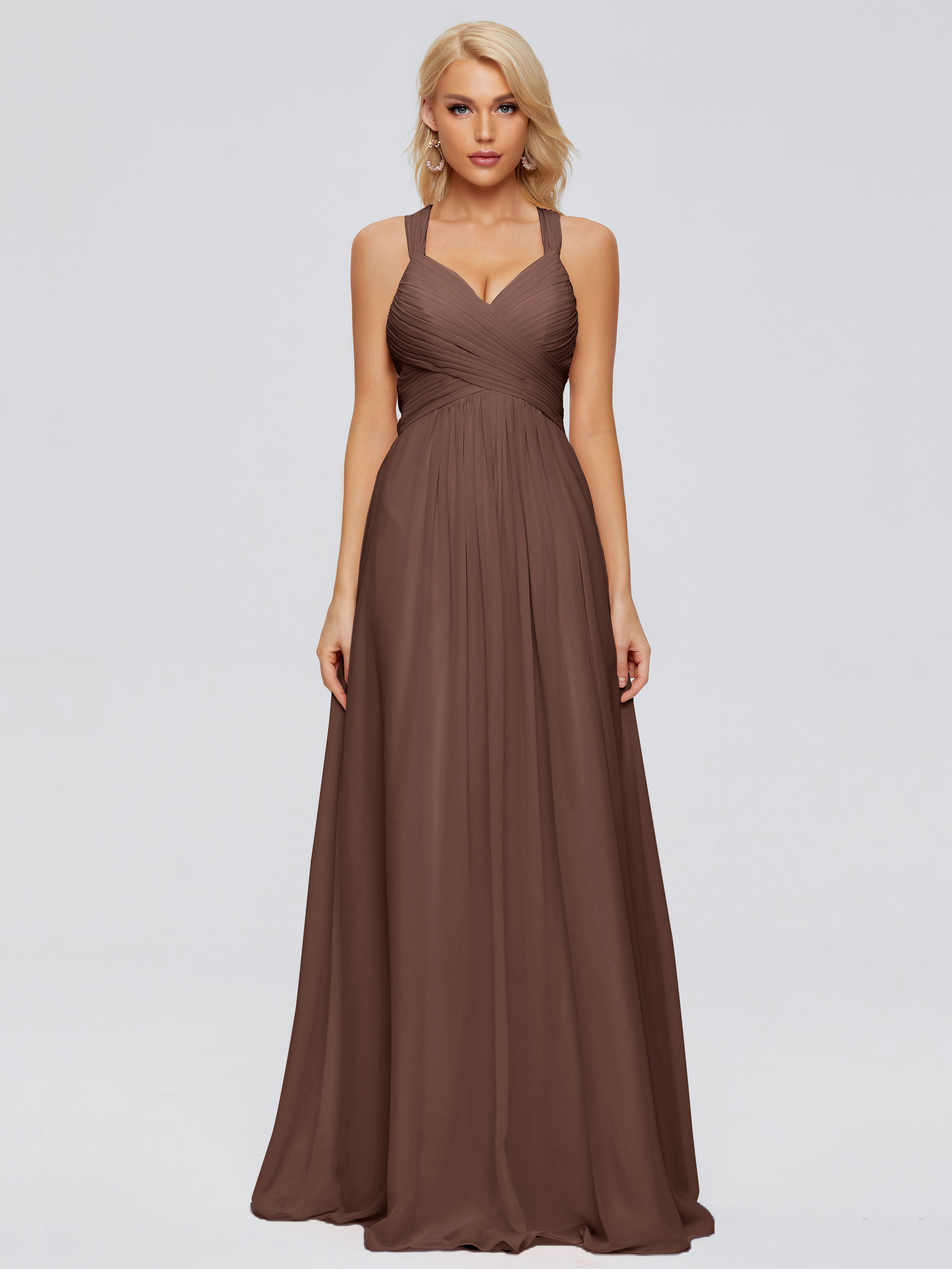 Robe Chocolat Demoiselle D Honneur Trapèze Bretelles Croisées Mousseline Robes Demoiselle D'Honneur