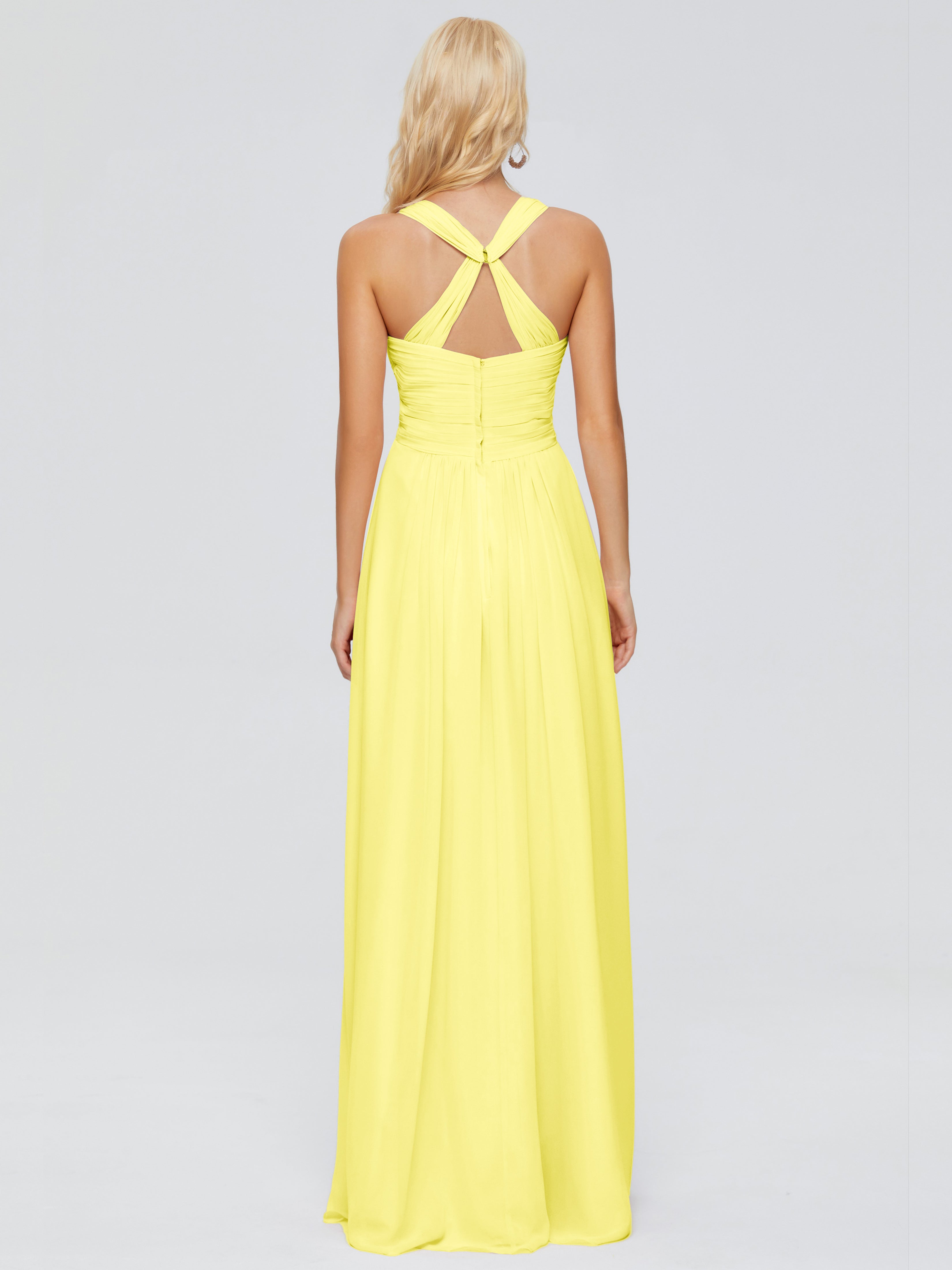 Robes De Demoiselle D'Honneur Citron Trapèze Bretelles Croisées Mousseline Robes Demoiselle D'Honneur