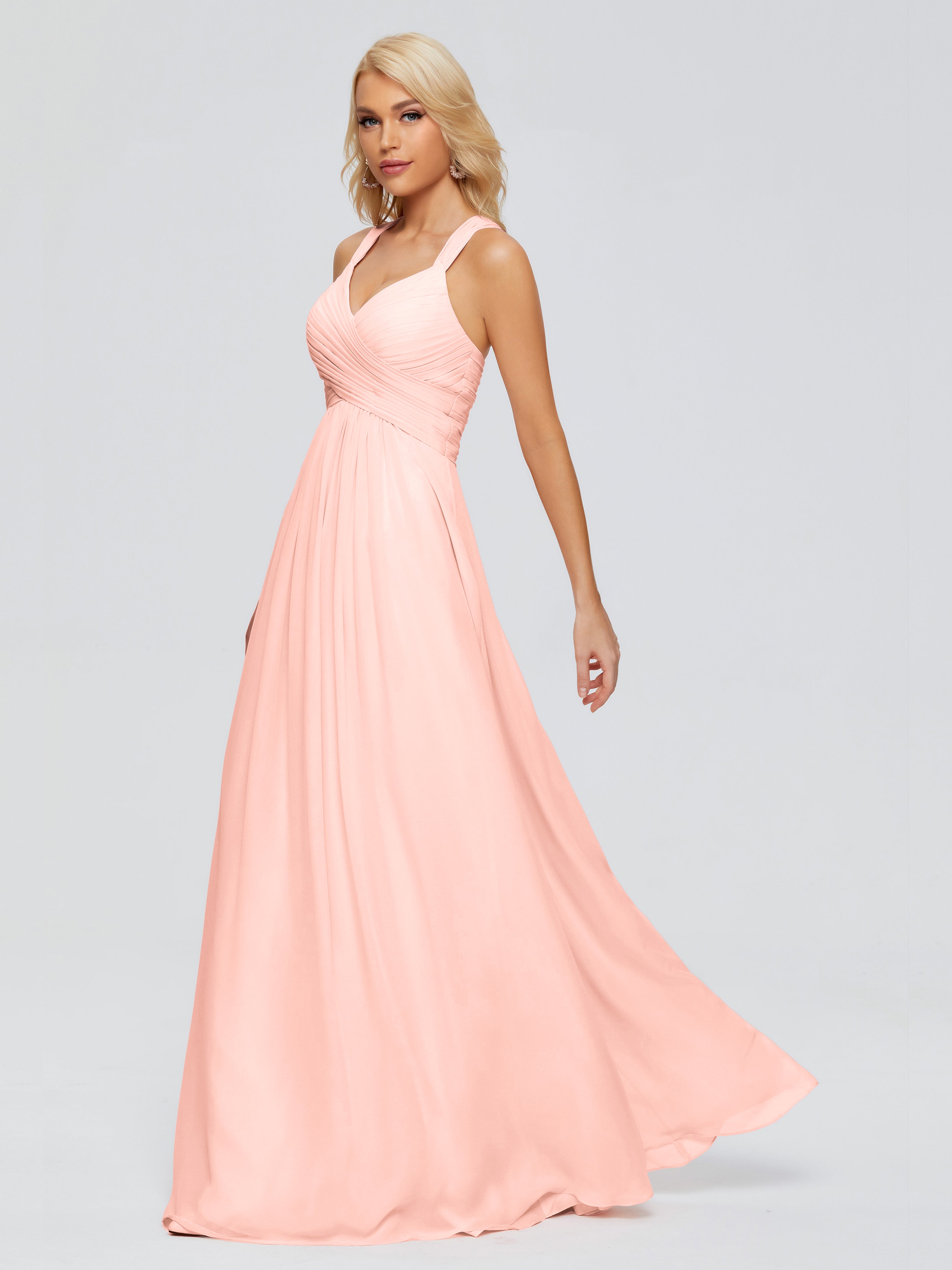 Robes Demoiselle D Honneur Corail Trapèze Bretelles Croisées Mousseline Robes Demoiselle D'Honneur