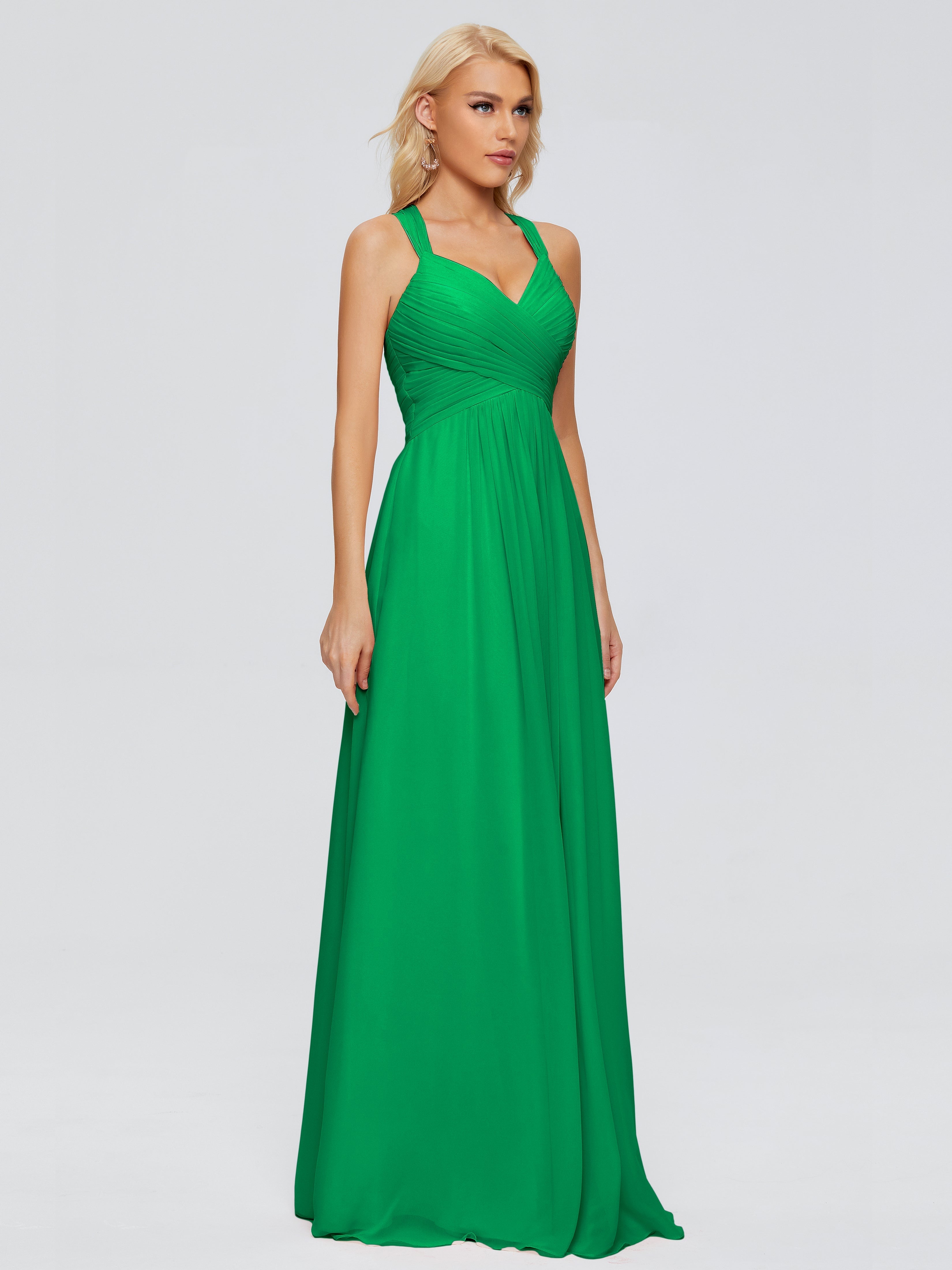 Bridal Robe Demoiselle D Honneur Vert Emeraude Trapèze Bretelles Croisées Mousseline Robes Demoiselle D'Honneur