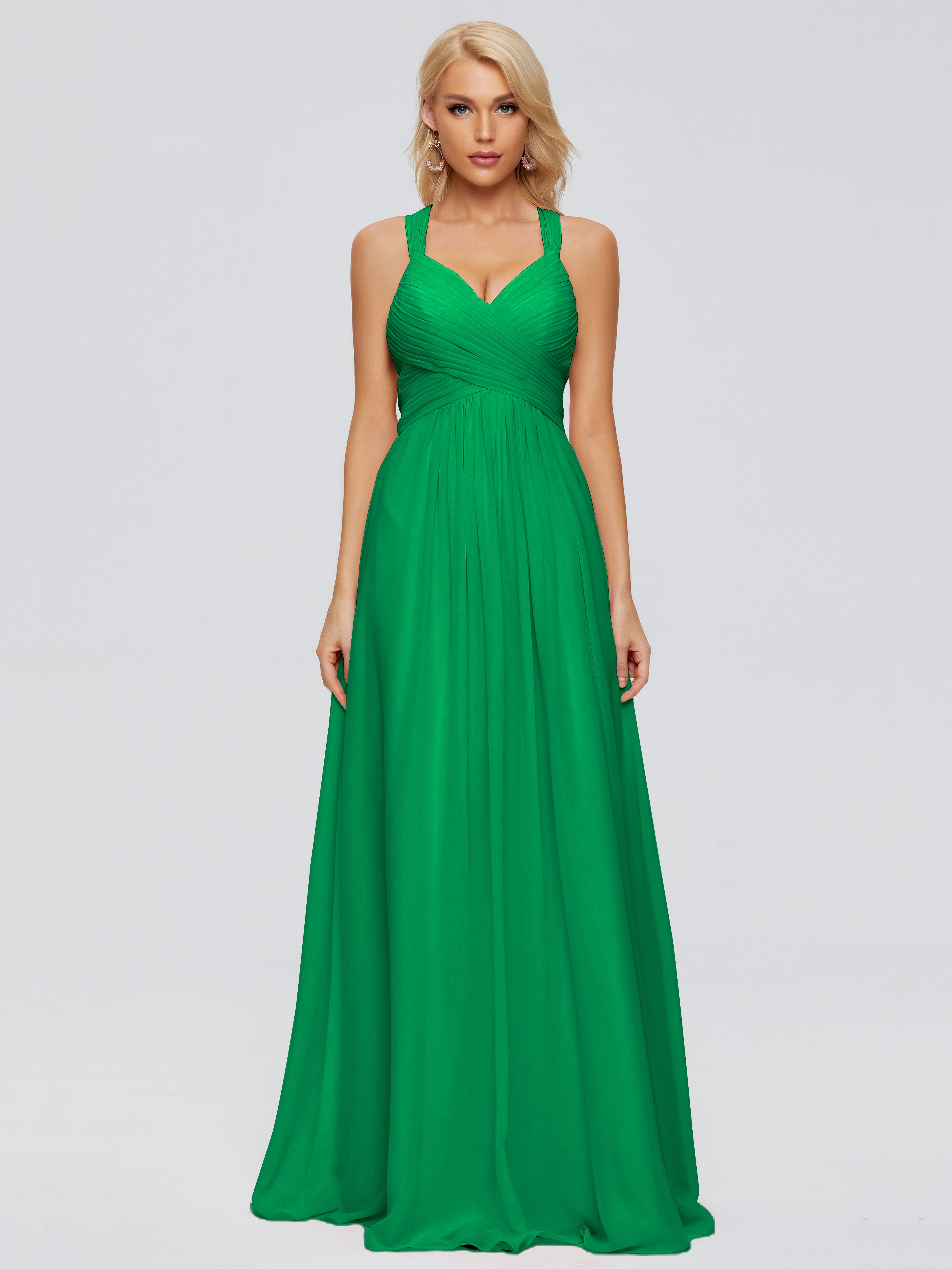 Bridal Robe Demoiselle D Honneur Vert Emeraude Trapèze Bretelles Croisées Mousseline Robes Demoiselle D'Honneur