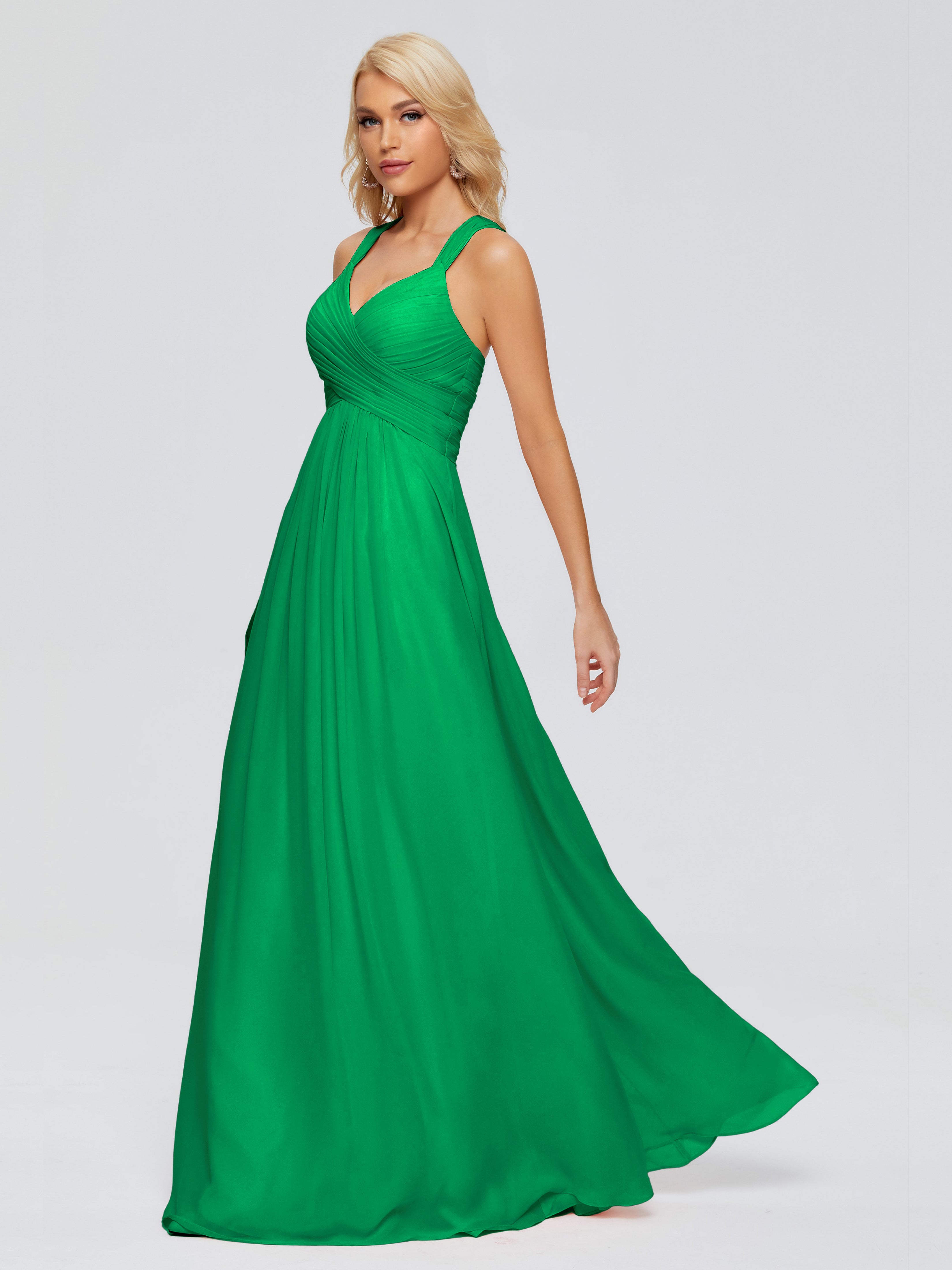 Bridal Robe Demoiselle D Honneur Vert Emeraude Trapèze Bretelles Croisées Mousseline Robes Demoiselle D'Honneur