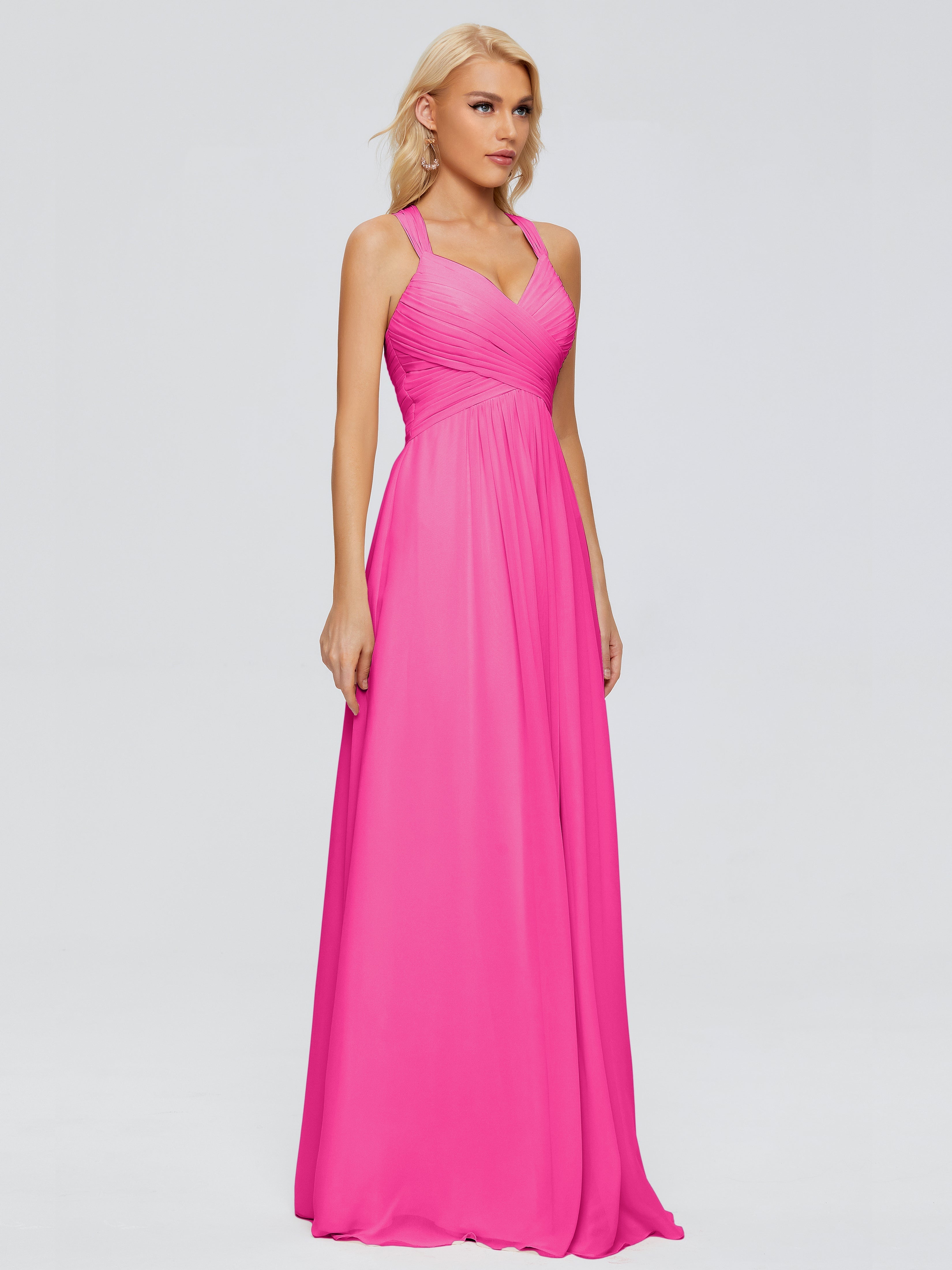 Robes De Demoiselle D'Honneur Rose Fuchsia Trapèze Bretelles Croisées Mousseline Robes Demoiselle D'Honneur
