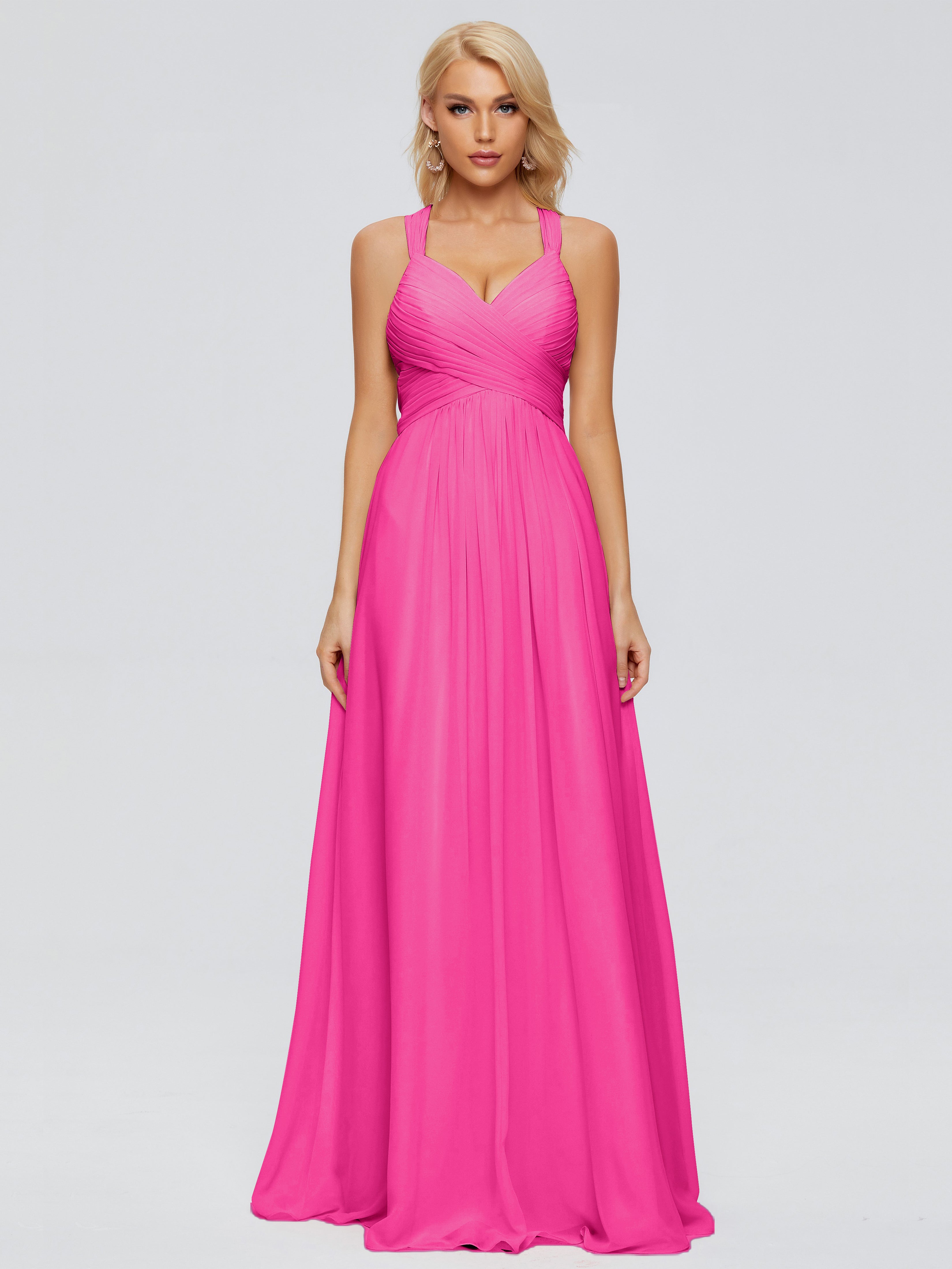 Robes De Demoiselle D'Honneur Rose Fuchsia Trapèze Bretelles Croisées Mousseline Robes Demoiselle D'Honneur
