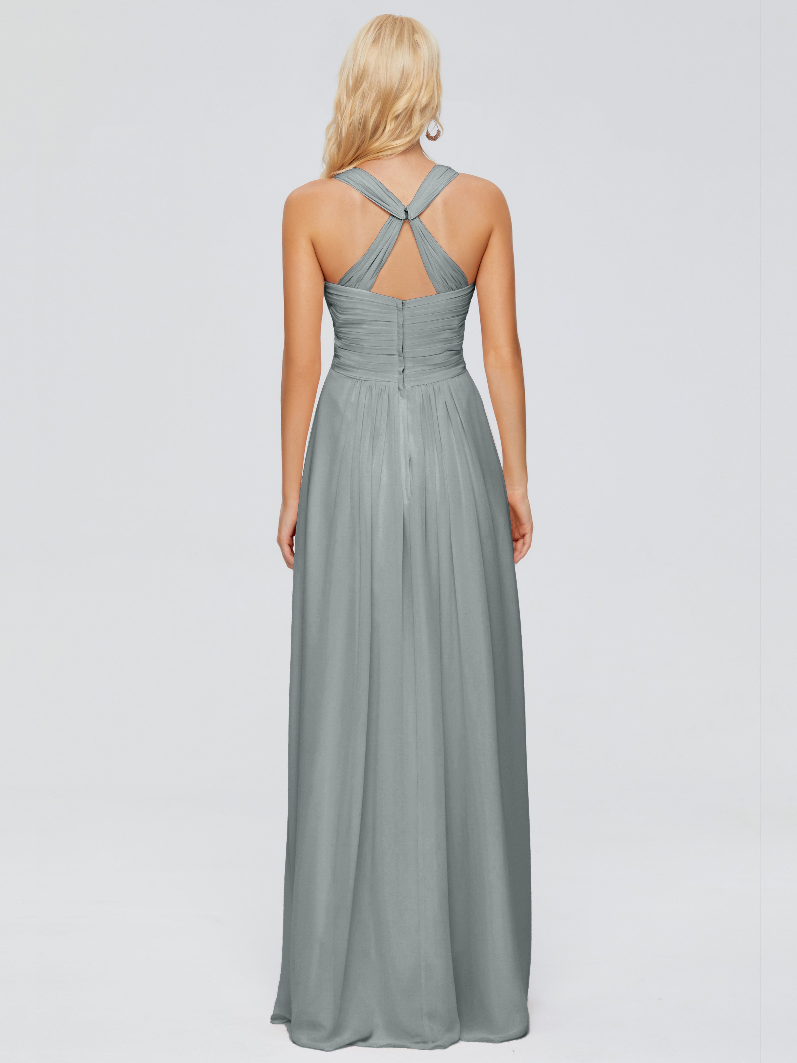 Robe Longue Grise Demoiselle D Honneur Trapèze Bretelles Croisées Mousseline Robes Demoiselle D'Honneur