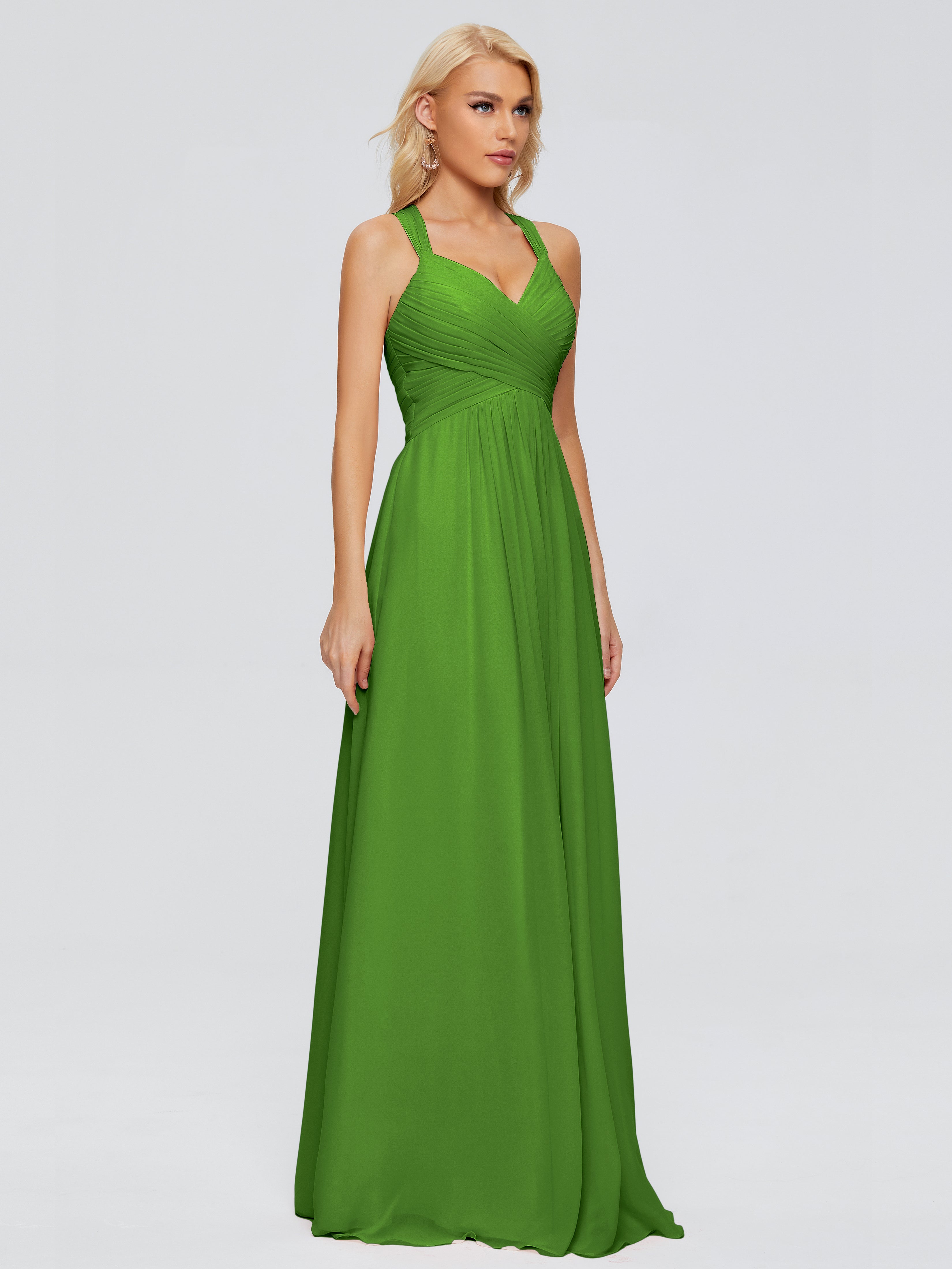 Robes De Demoiselle D'Honneur Vert Mousse Trapèze Bretelles Croisées Mousseline Robes Demoiselle D'Honneur