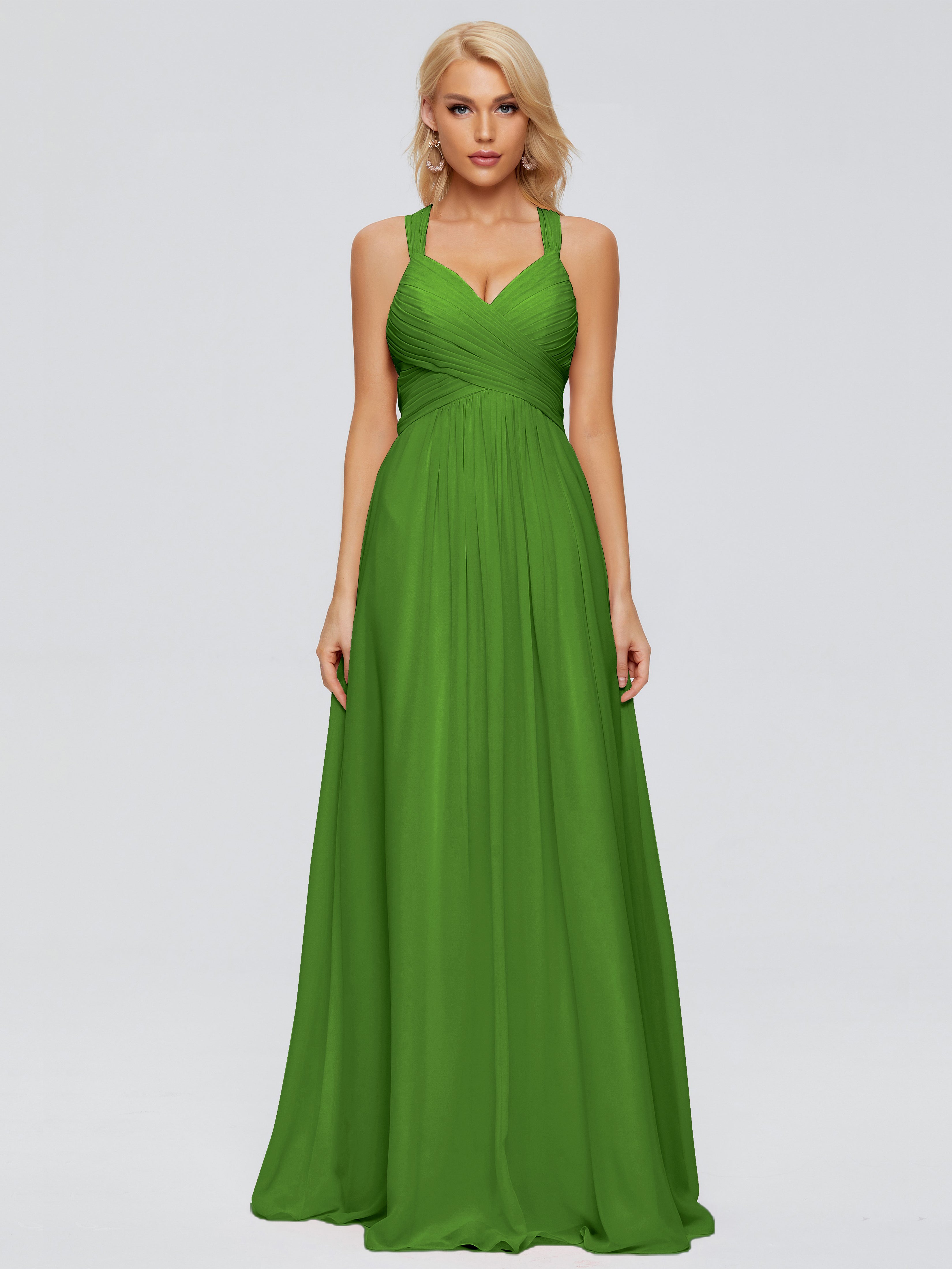 Robes De Demoiselle D'Honneur Vert Mousse Trapèze Bretelles Croisées Mousseline Robes Demoiselle D'Honneur