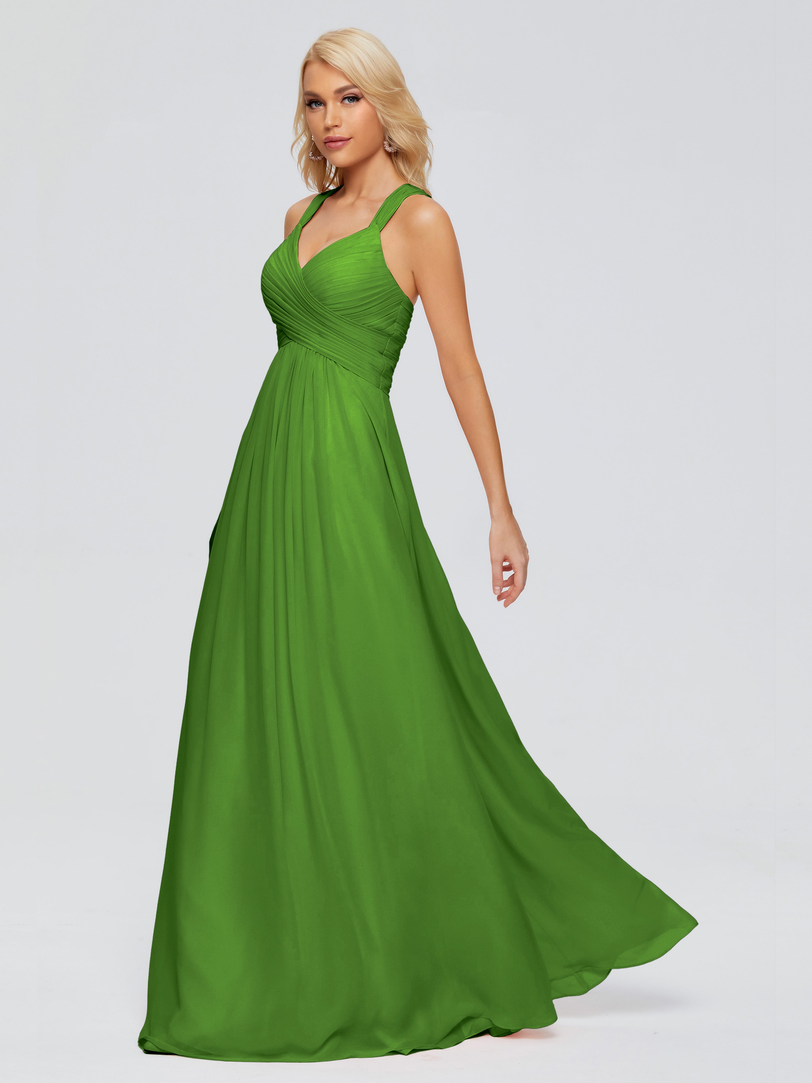 Robes De Demoiselle D'Honneur Vert Mousse Trapèze Bretelles Croisées Mousseline Robes Demoiselle D'Honneur