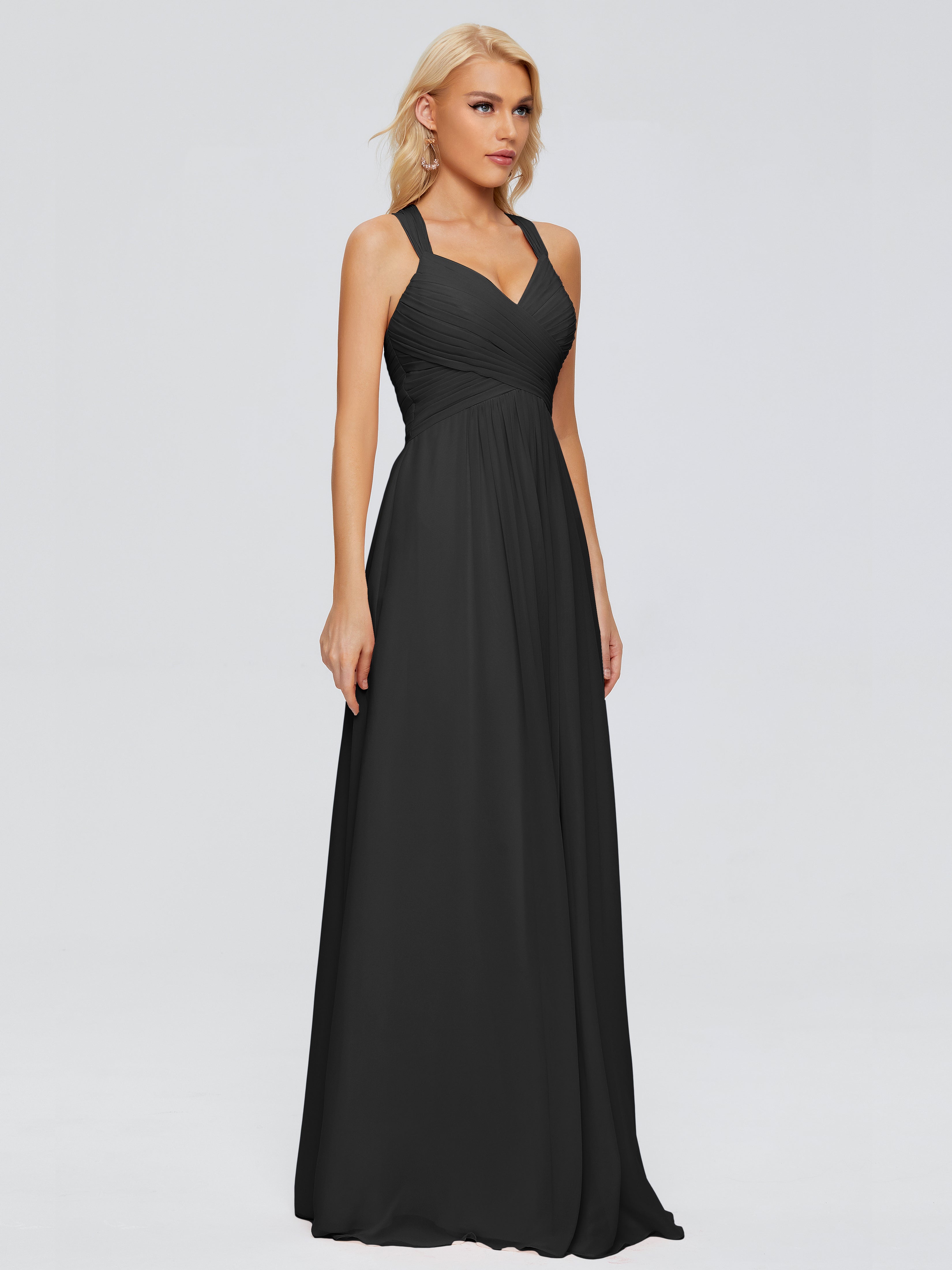 Robe De Demoiselle D Honneur Noir Trapèze Bretelles Croisées Mousseline Robes Demoiselle D'Honneur