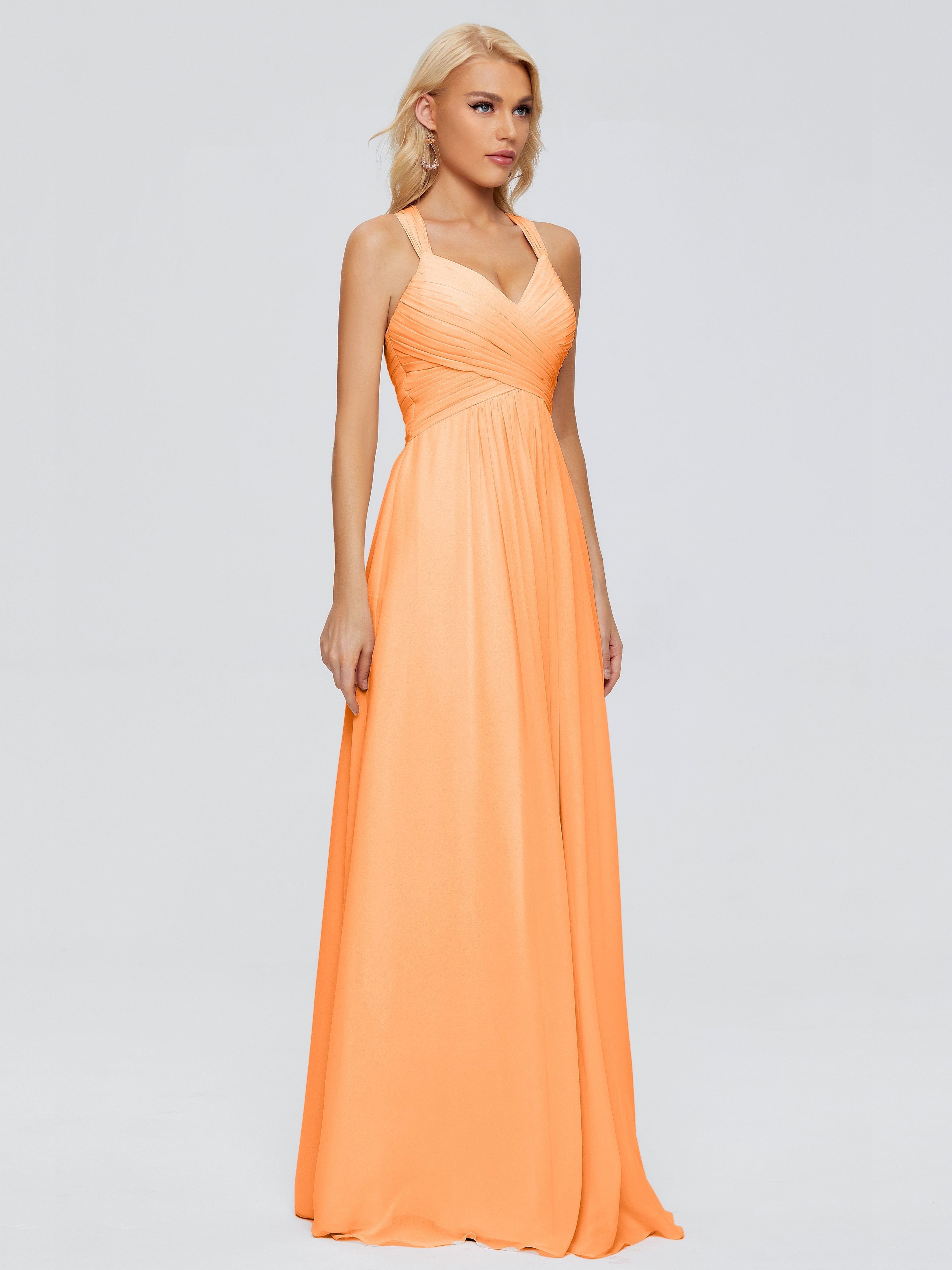Robes De Demoiselle D'Honneur Orange Trapèze Bretelles Croisées Mousseline Robes Demoiselle D'Honneur