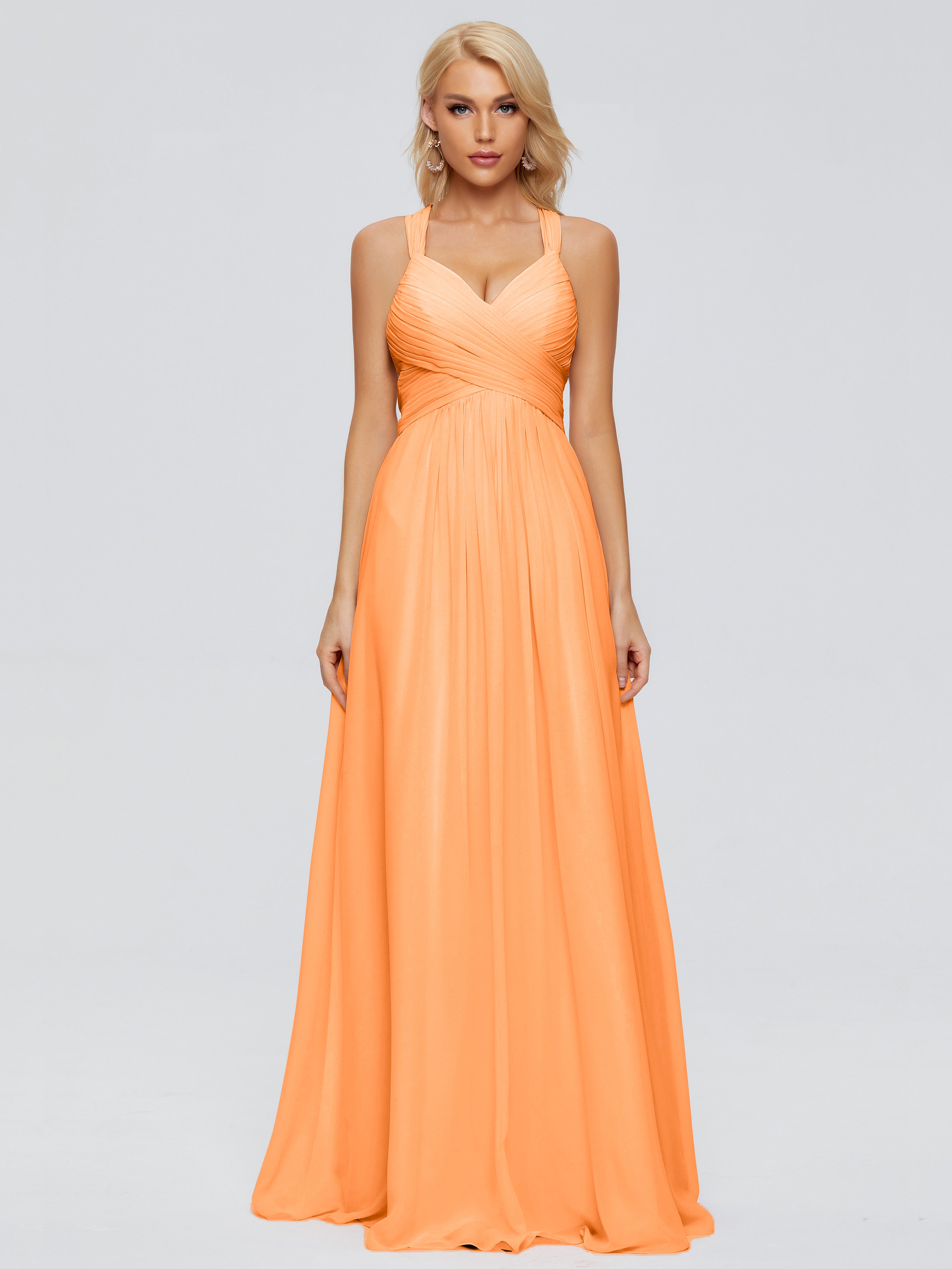 Robes De Demoiselle D'Honneur Orange Trapèze Bretelles Croisées Mousseline Robes Demoiselle D'Honneur