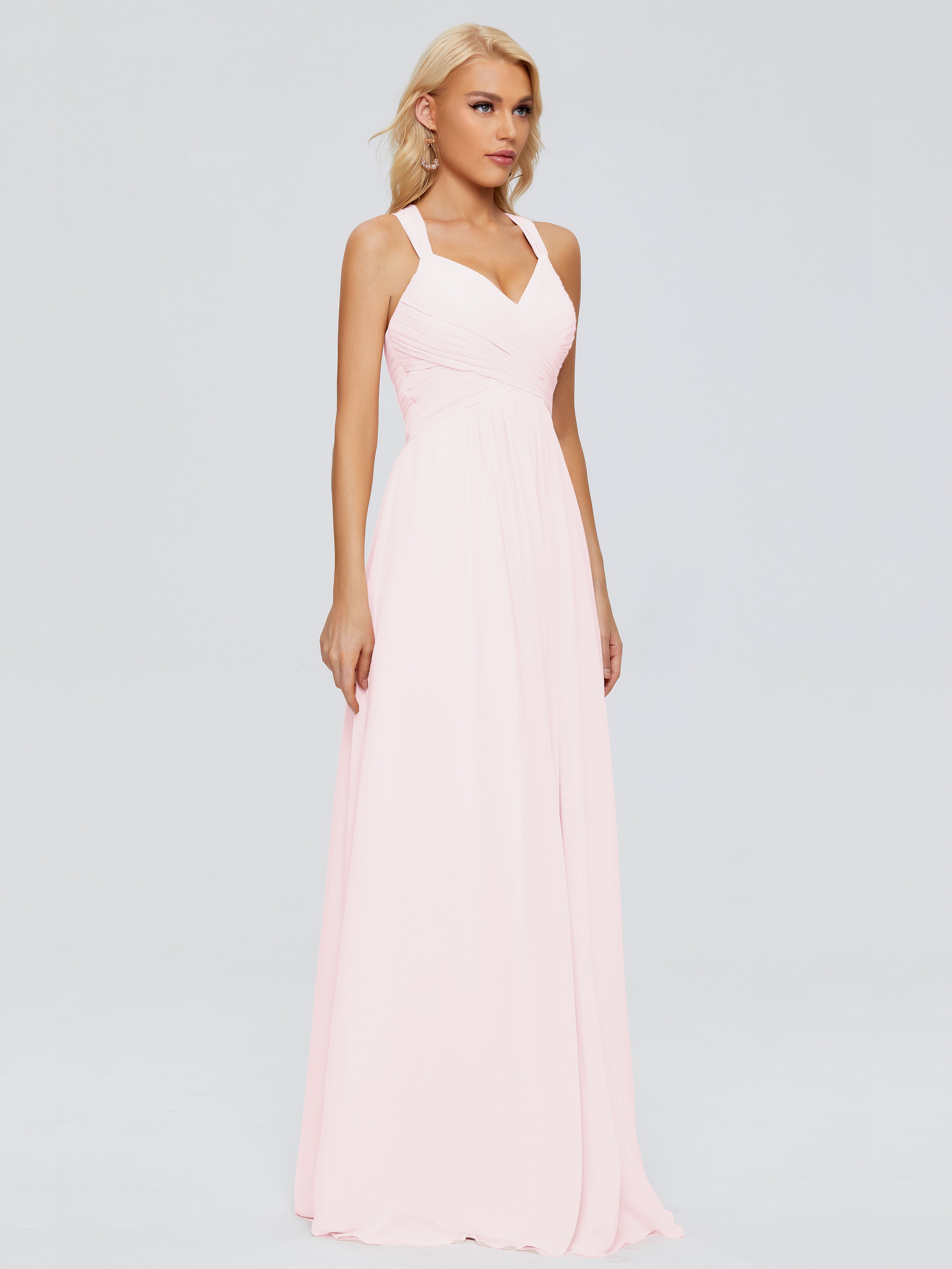 Demoiselle D Honneur Robe Rose Pale Trapèze Bretelles Croisées Mousseline Robes Demoiselle D'Honneur