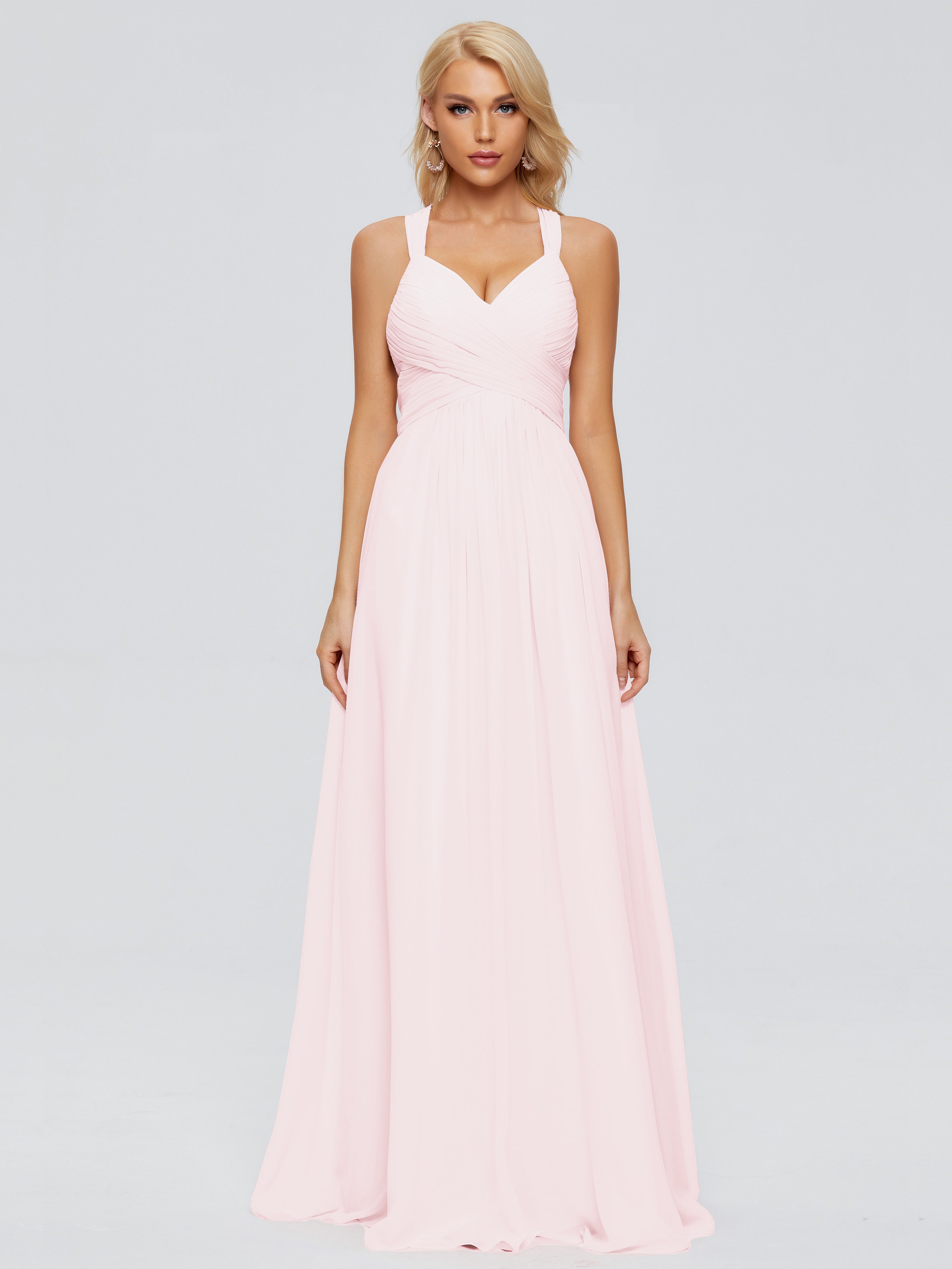 Demoiselle D Honneur Robe Rose Pale Trapèze Bretelles Croisées Mousseline Robes Demoiselle D'Honneur