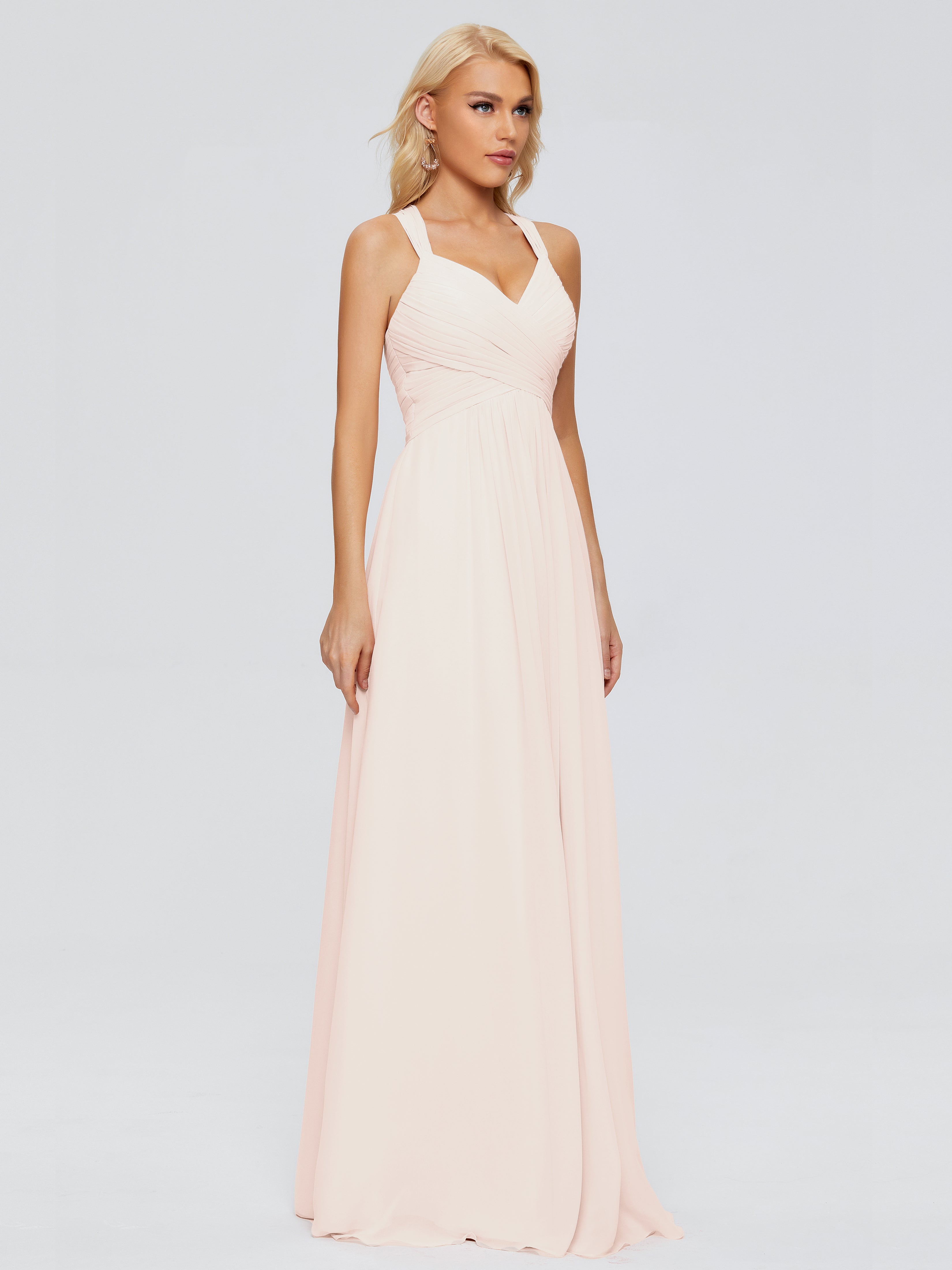 Robe Demoiselle D Honneur Rose Perle Trapèze Bretelles Croisées Mousseline Robes Demoiselle D'Honneur