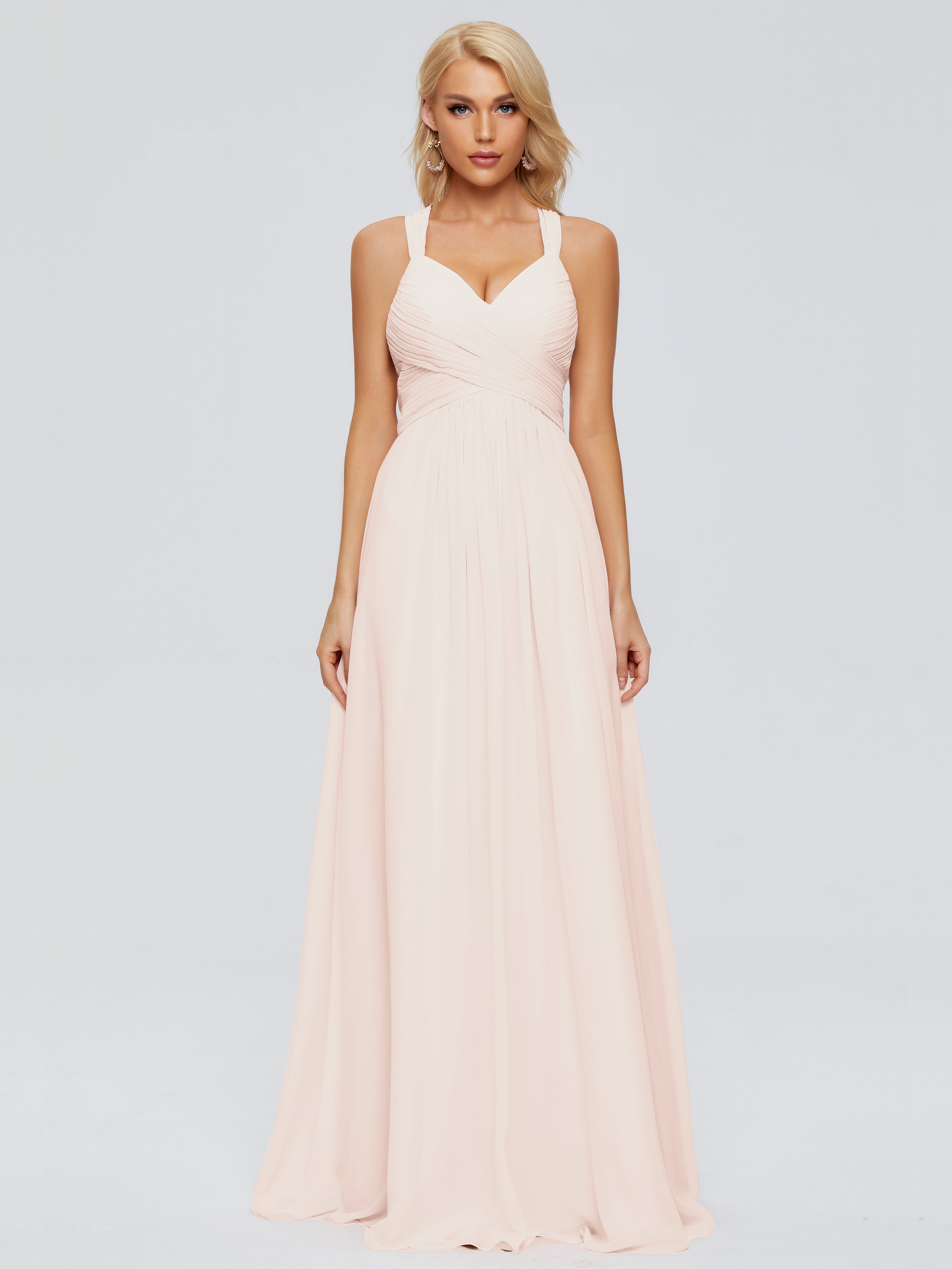 Robe Demoiselle D Honneur Rose Perle Trapèze Bretelles Croisées Mousseline Robes Demoiselle D'Honneur
