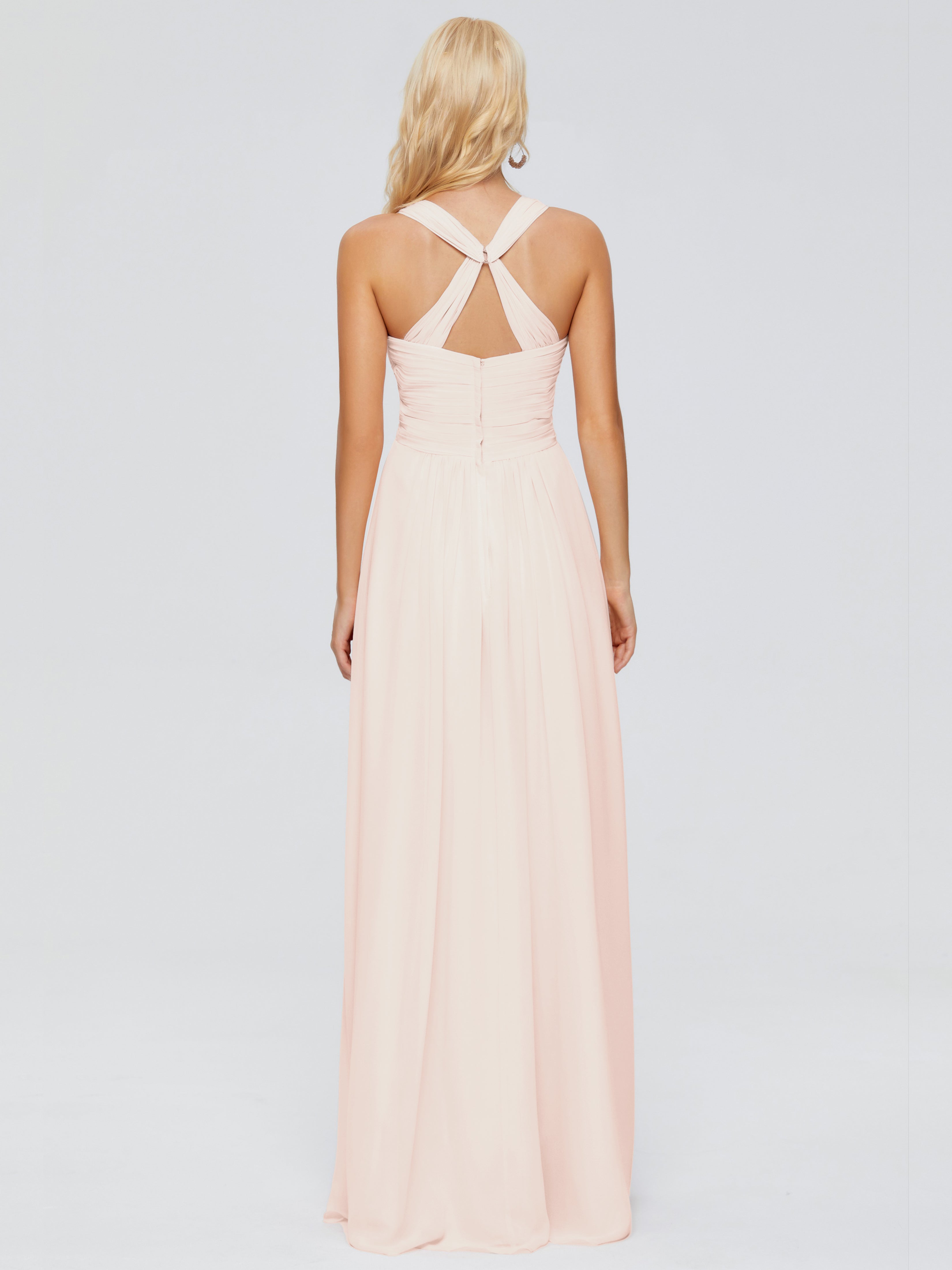 Robe Demoiselle D Honneur Rose Perle Trapèze Bretelles Croisées Mousseline Robes Demoiselle D'Honneur