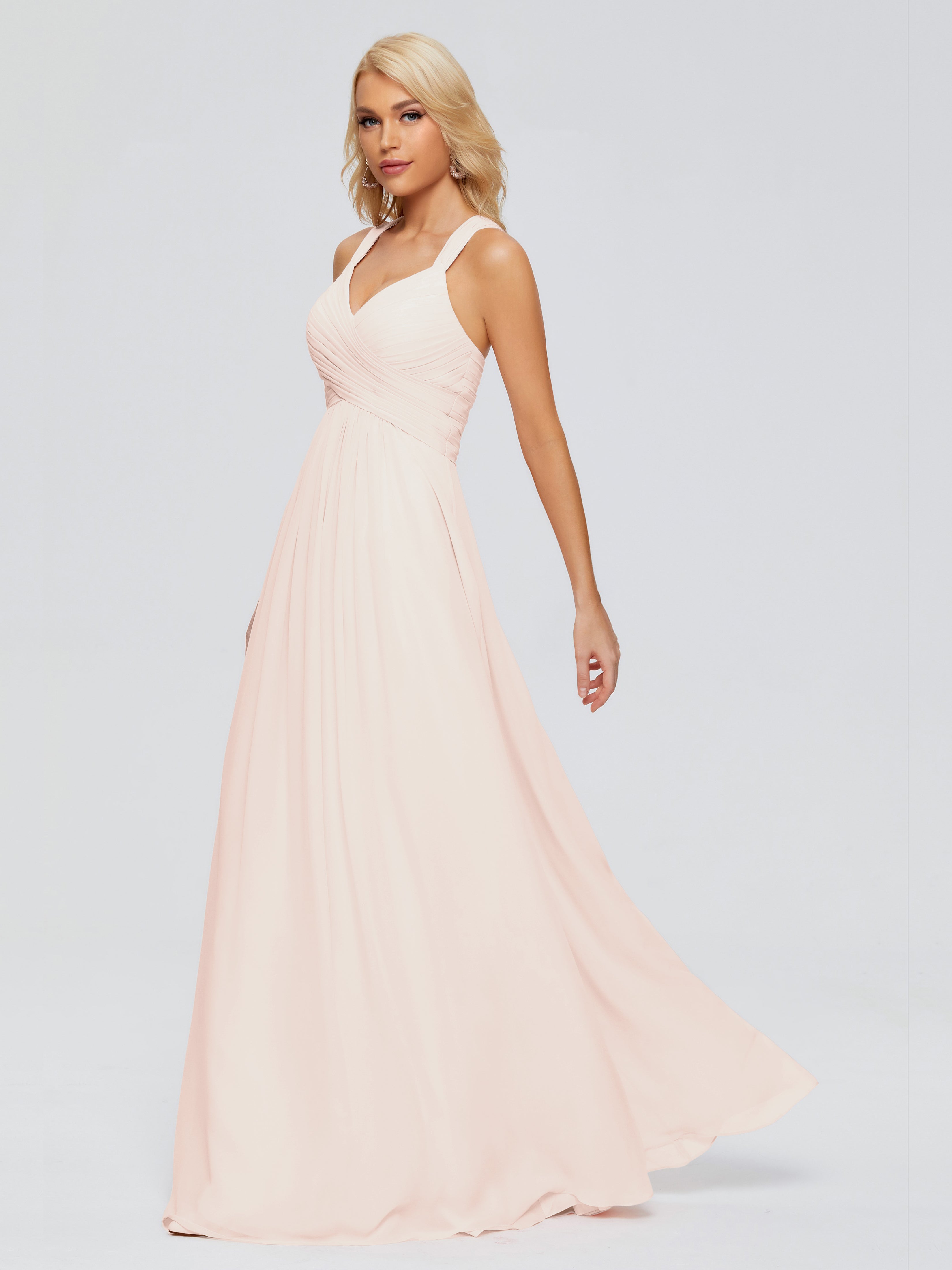 Robe Demoiselle D Honneur Rose Perle Trapèze Bretelles Croisées Mousseline Robes Demoiselle D'Honneur