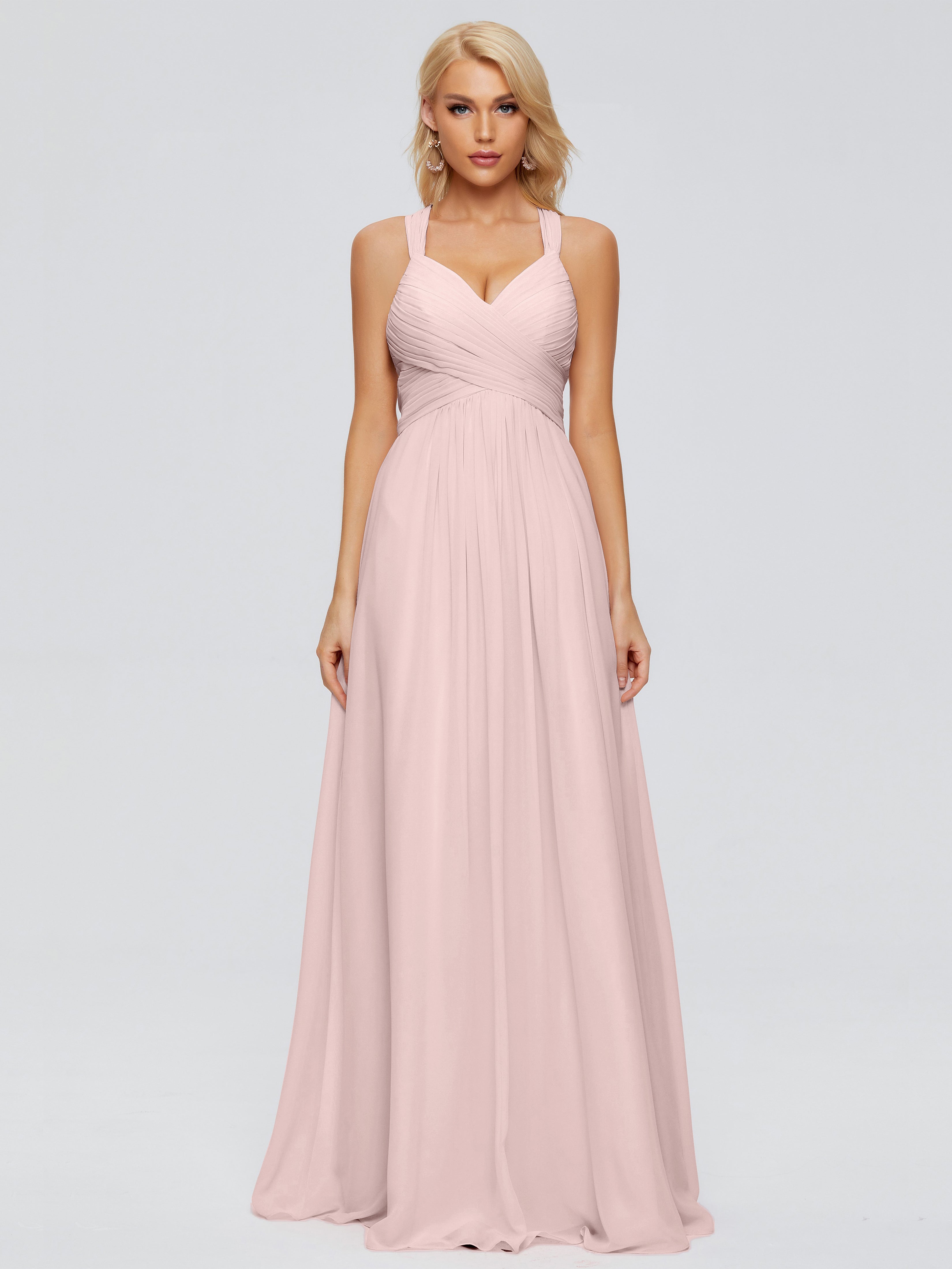 Robe Demoiselle D Honneur Rose Poudre Trapèze Bretelles Croisées Mousseline Robes Demoiselle D'Honneur