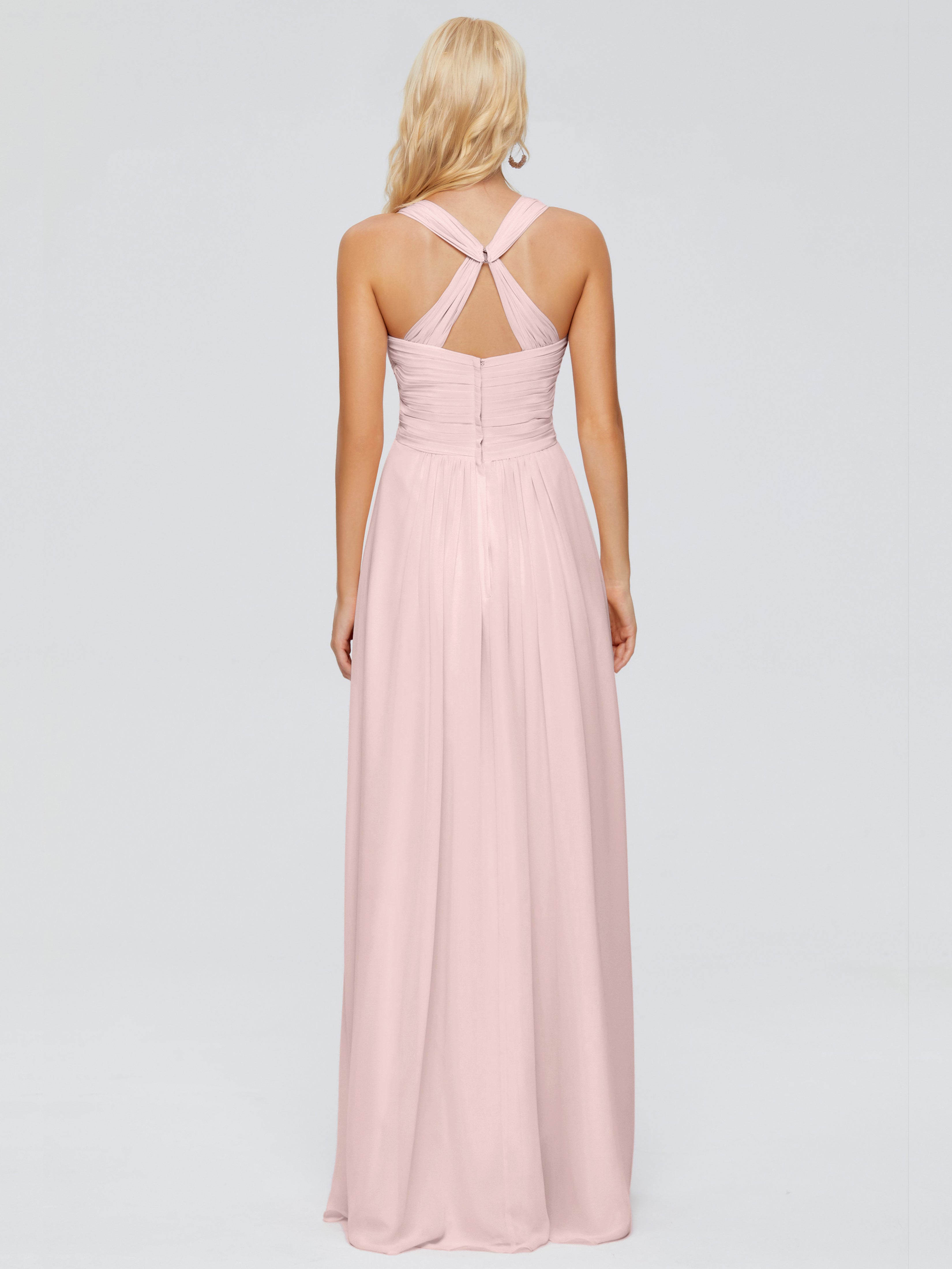 Robe Demoiselle D Honneur Rose Poudre Trapèze Bretelles Croisées Mousseline Robes Demoiselle D'Honneur