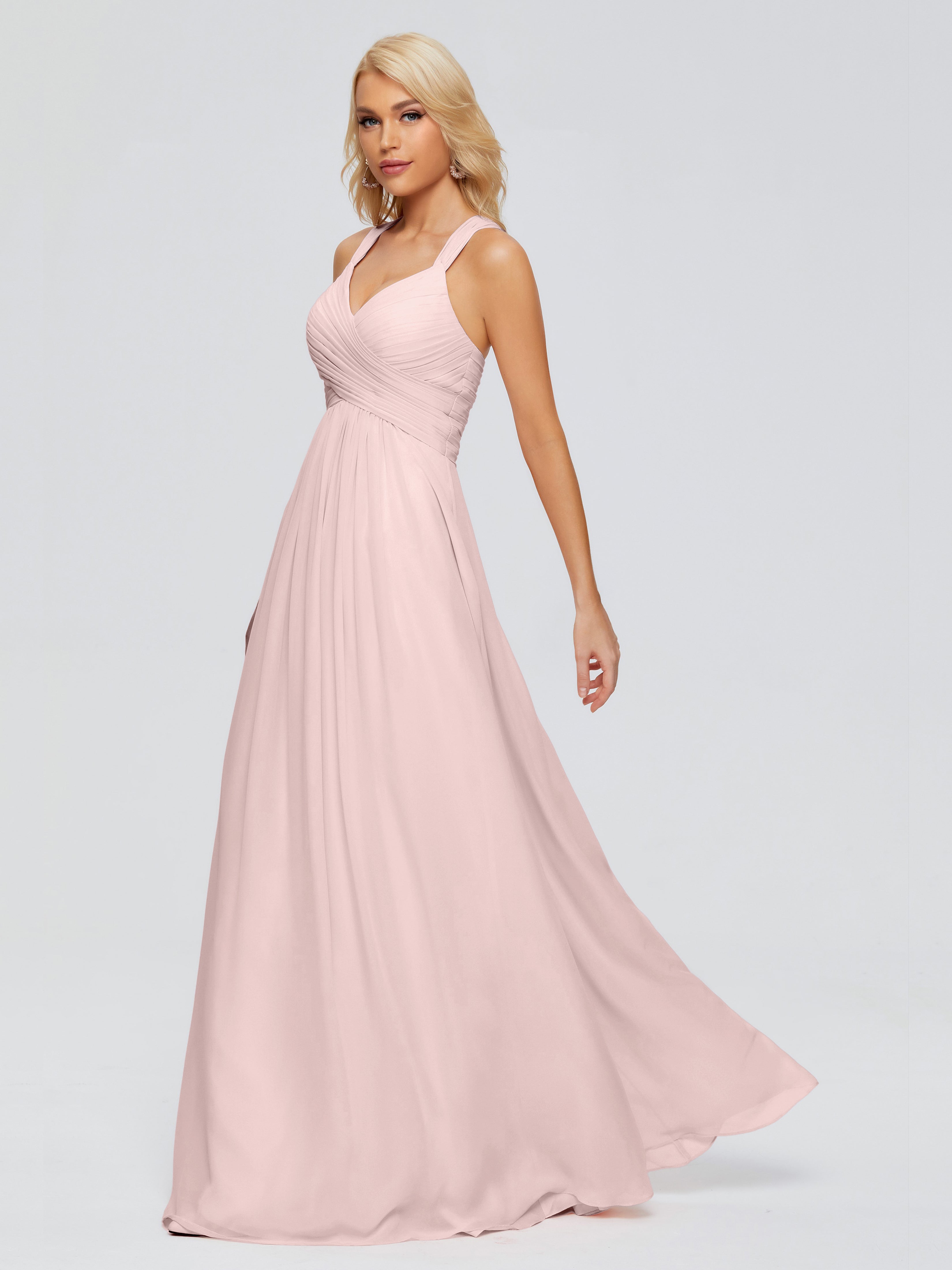 Robe Demoiselle D Honneur Rose Poudre Trapèze Bretelles Croisées Mousseline Robes Demoiselle D'Honneur