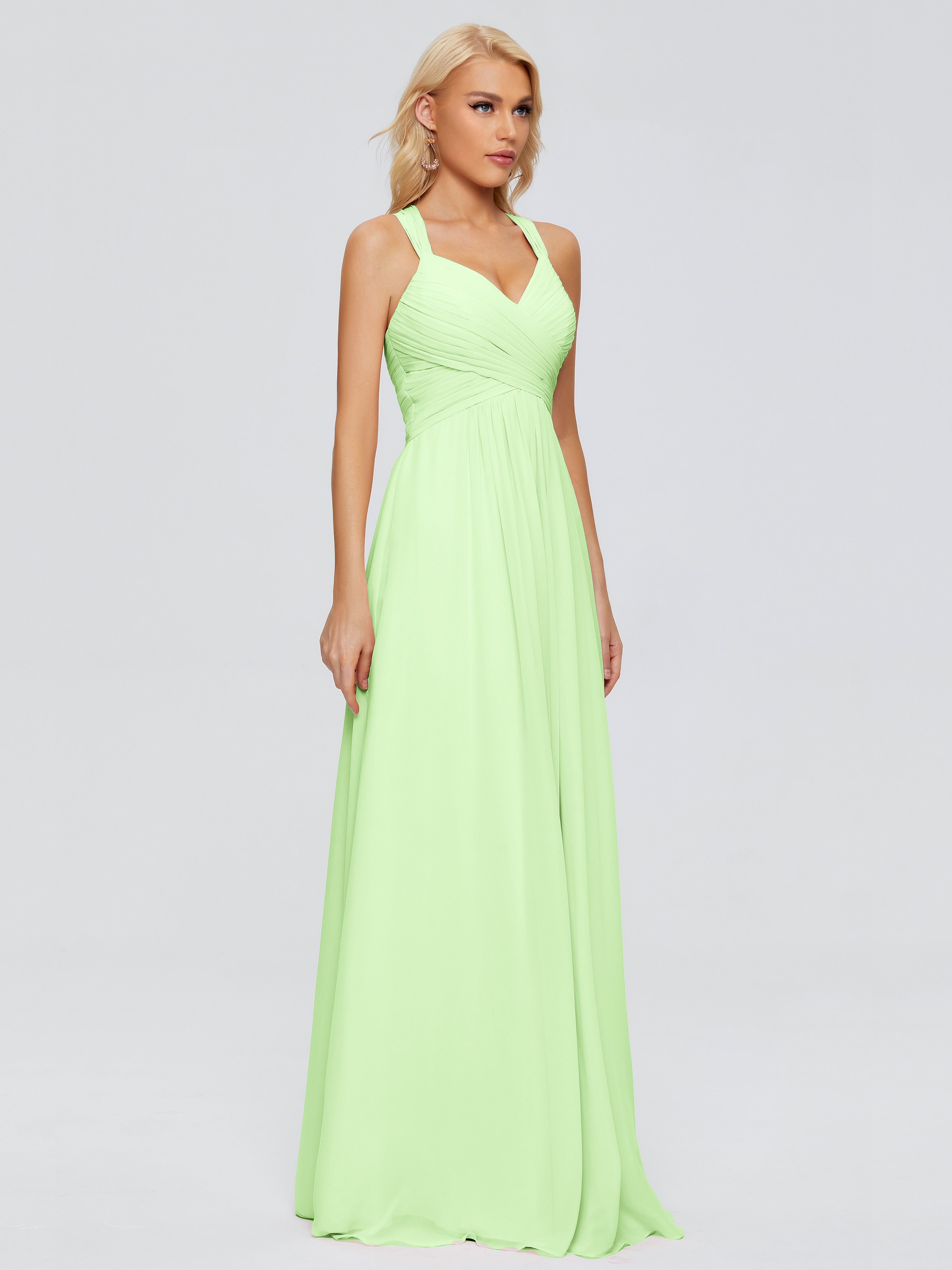 Robe Verte Sauge Demoiselle D Honneur Trapèze Bretelles Croisées Mousseline Robes Demoiselle D'Honneur