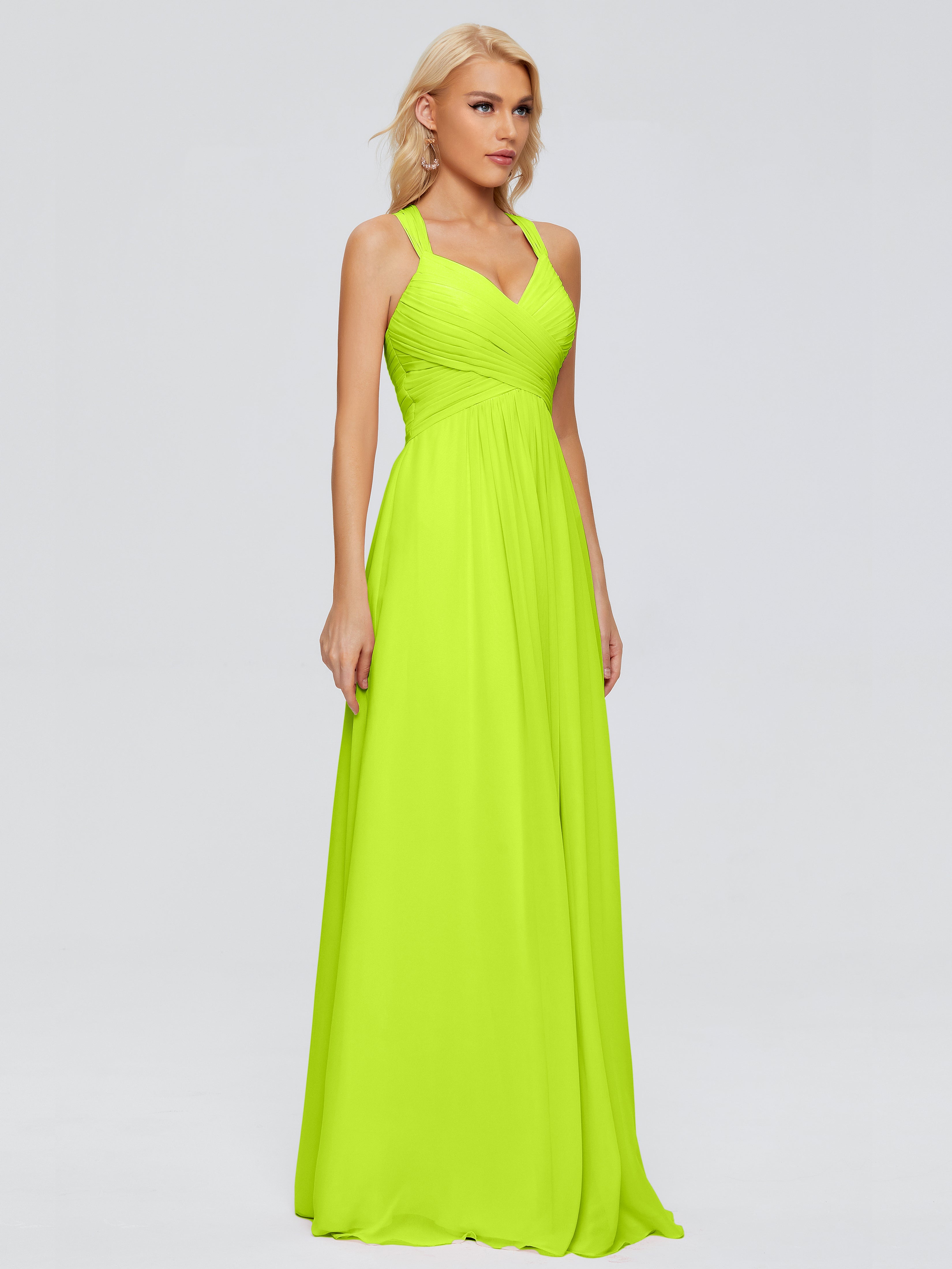 Robes De Demoiselle D'Honneur Vert Citron Trapèze Bretelles Croisées Mousseline Robes Demoiselle D'Honneur