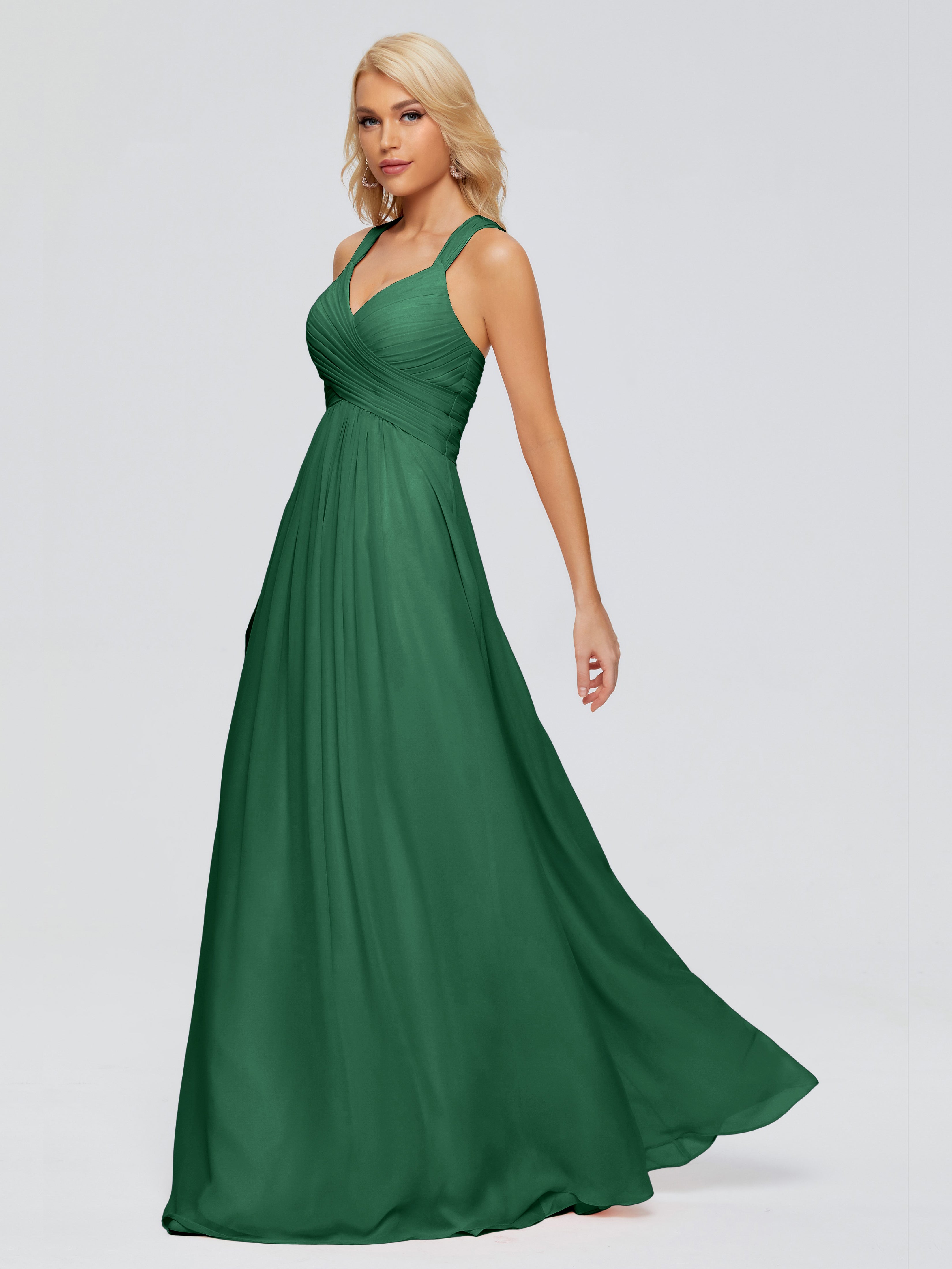 Robes De Demoiselle D'Honneur Vert Foncé Trapèze Bretelles Croisées Mousseline Robes Demoiselle D'Honneur