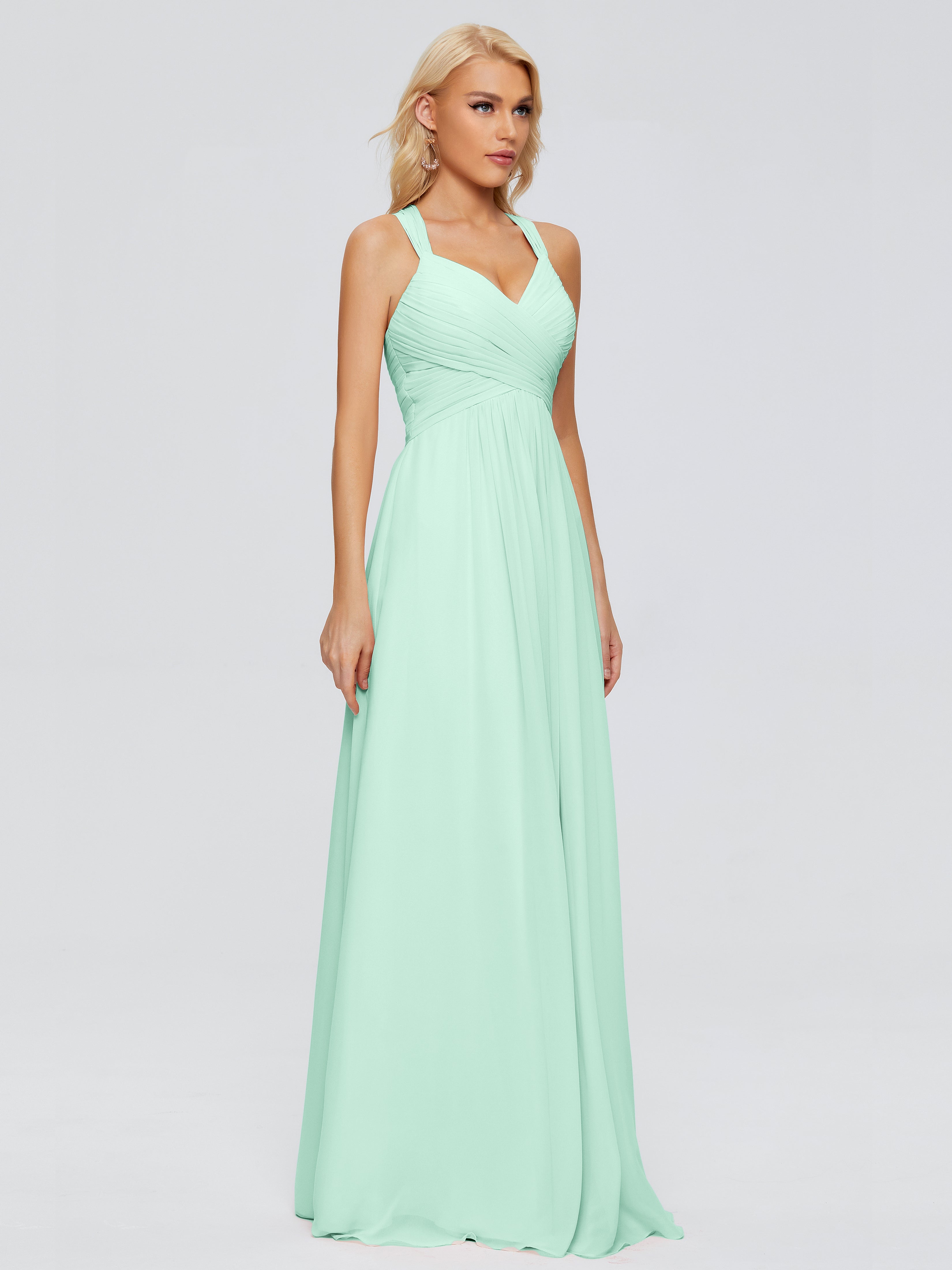 Robe Demoiselle D Honneur Vert Menthe Trapèze Bretelles Croisées Mousseline Robes Demoiselle D'Honneur