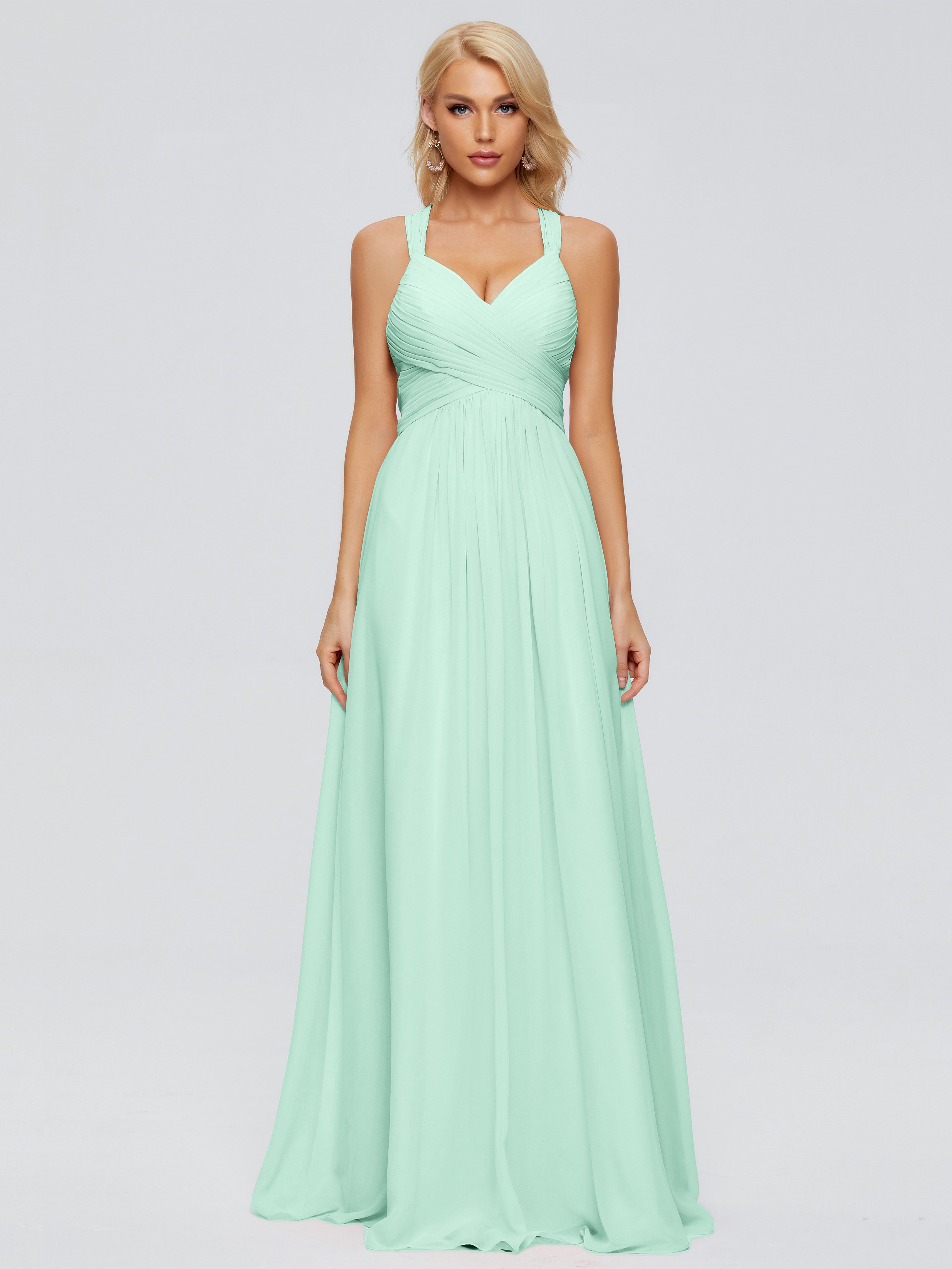 Robe Demoiselle D Honneur Vert Menthe Trapèze Bretelles Croisées Mousseline Robes Demoiselle D'Honneur