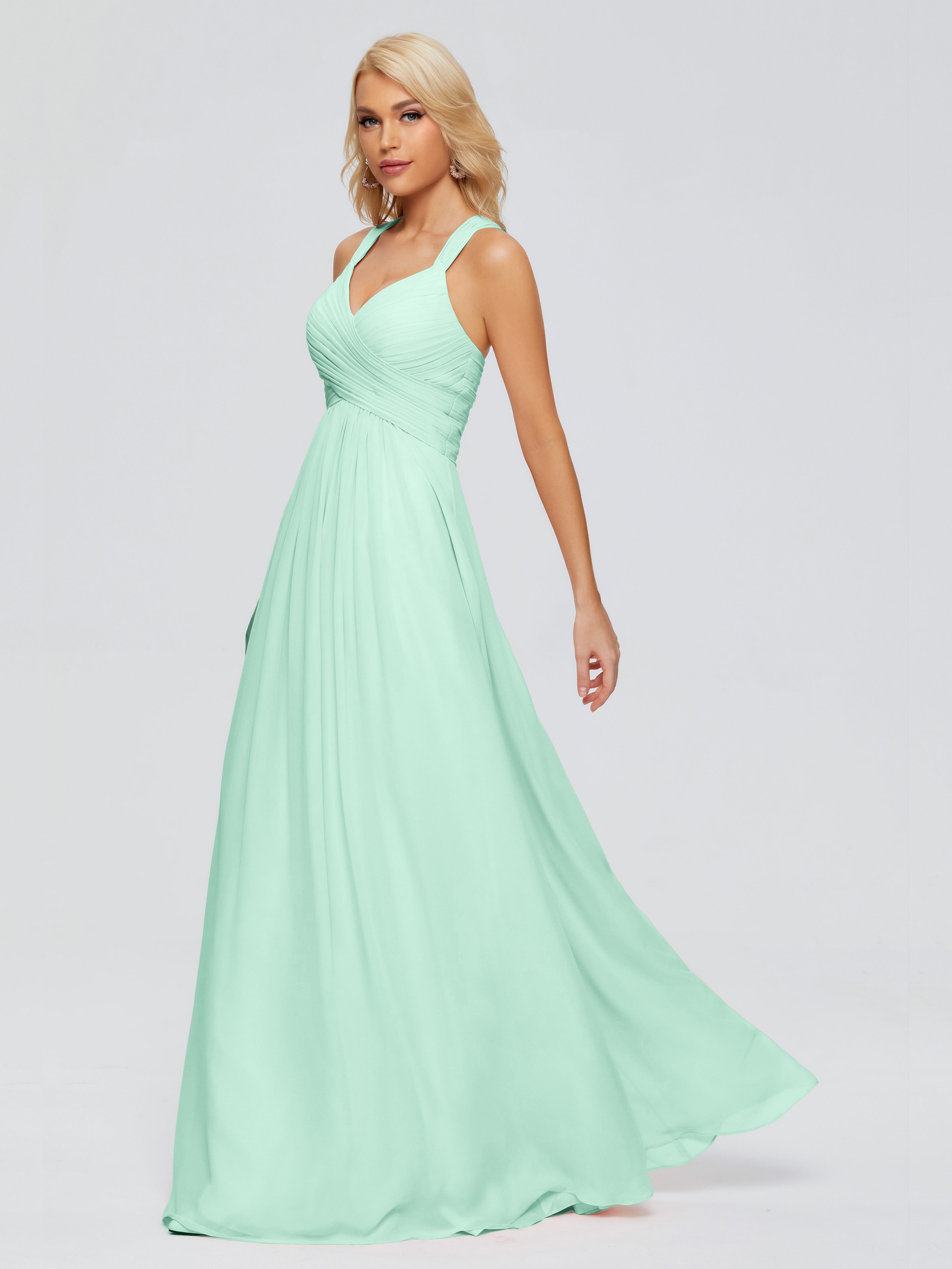 Robe Demoiselle D Honneur Vert Menthe Trapèze Bretelles Croisées Mousseline Robes Demoiselle D'Honneur