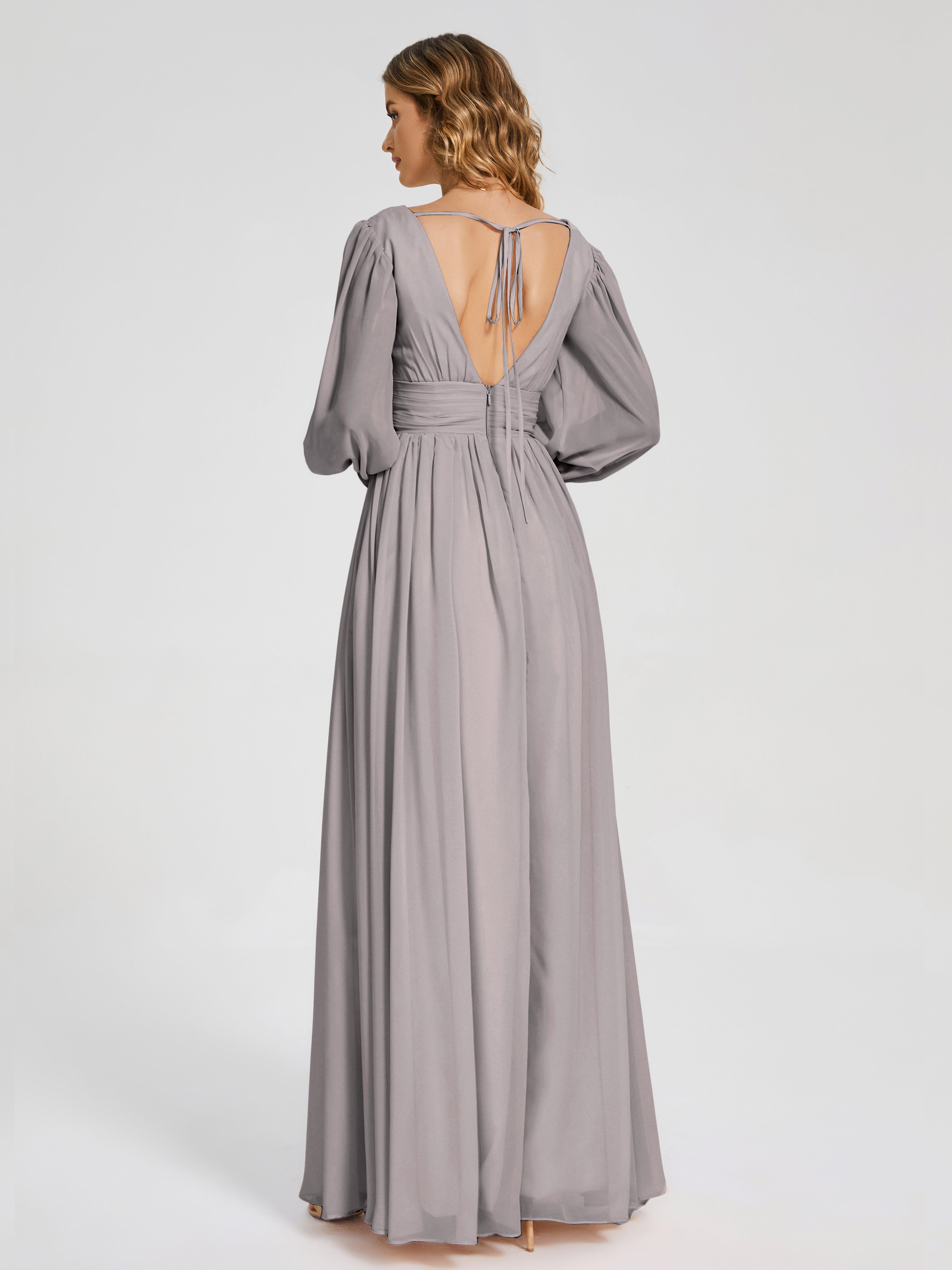 Robe Demoiselle D Honneur Argenté Manches Longues Dos Nu Mousseline Robes Demoiselle D'Honneur