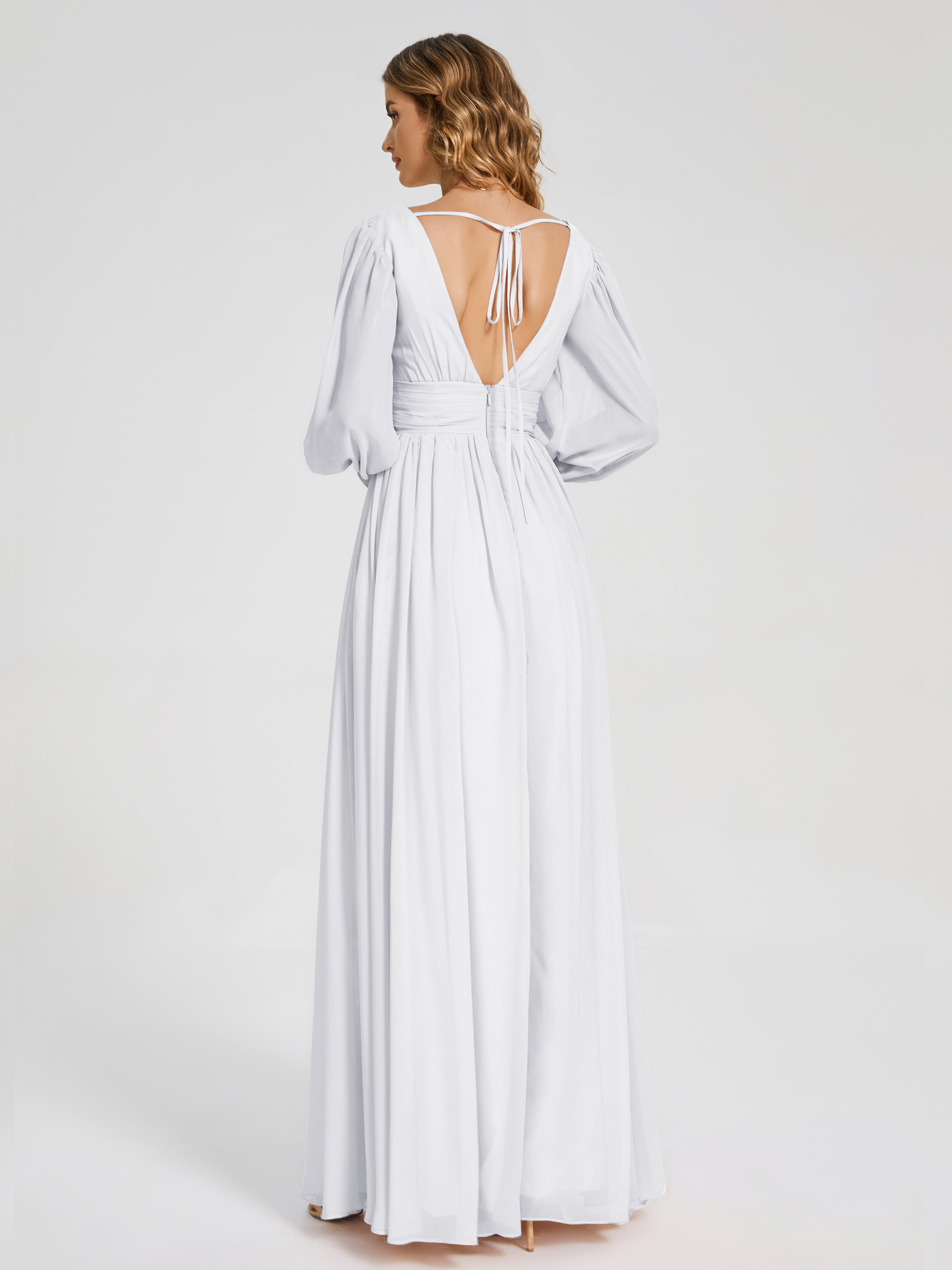 Robes De Demoiselle D'Honneur Blanches Manches Longues Dos Nu Mousseline Robes Demoiselle D'Honneur