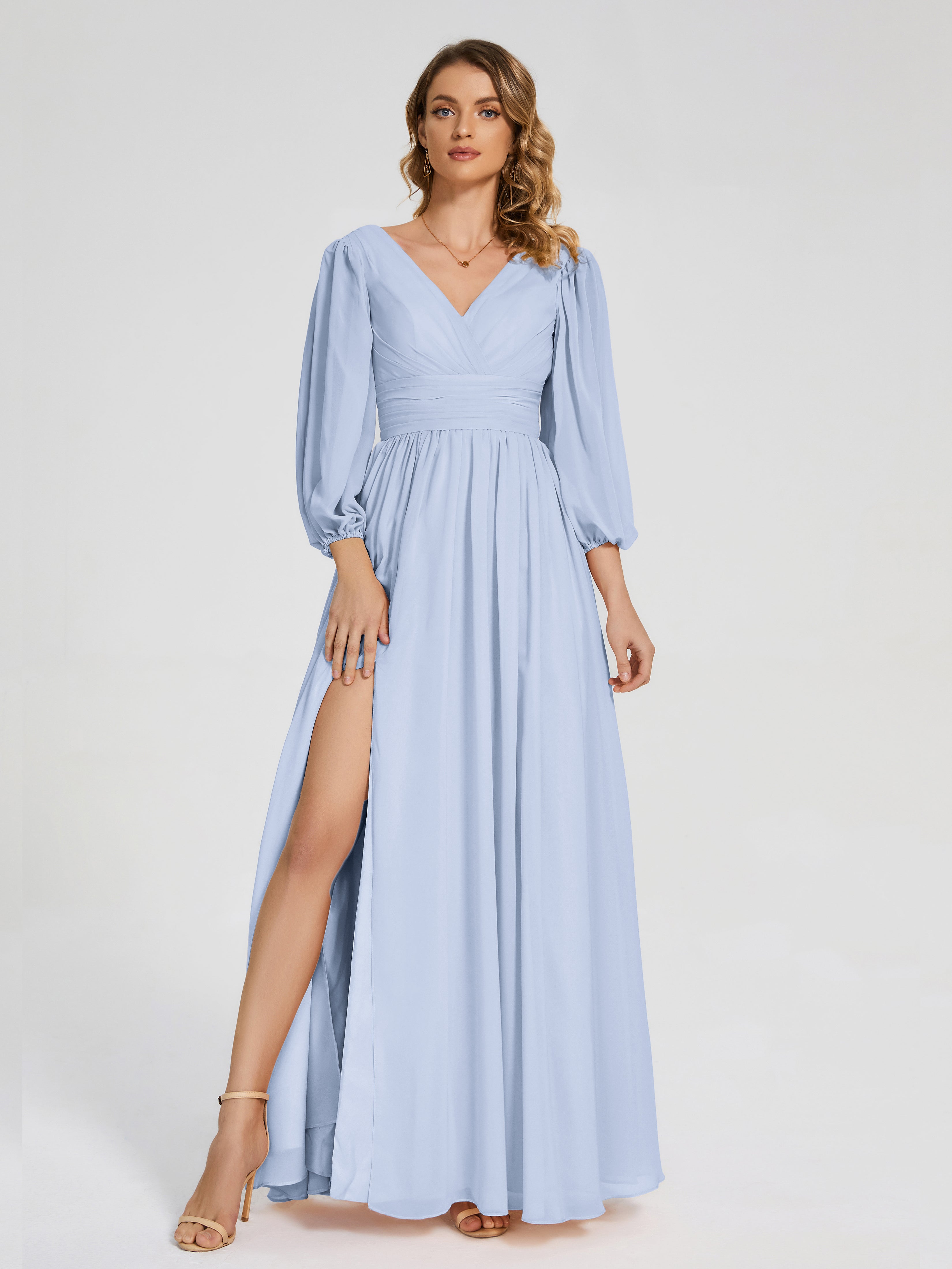 Robe Demoiselle D Honneur Bleu Ciel Manches Longues Dos Nu Mousseline Robes Demoiselle D'Honneur