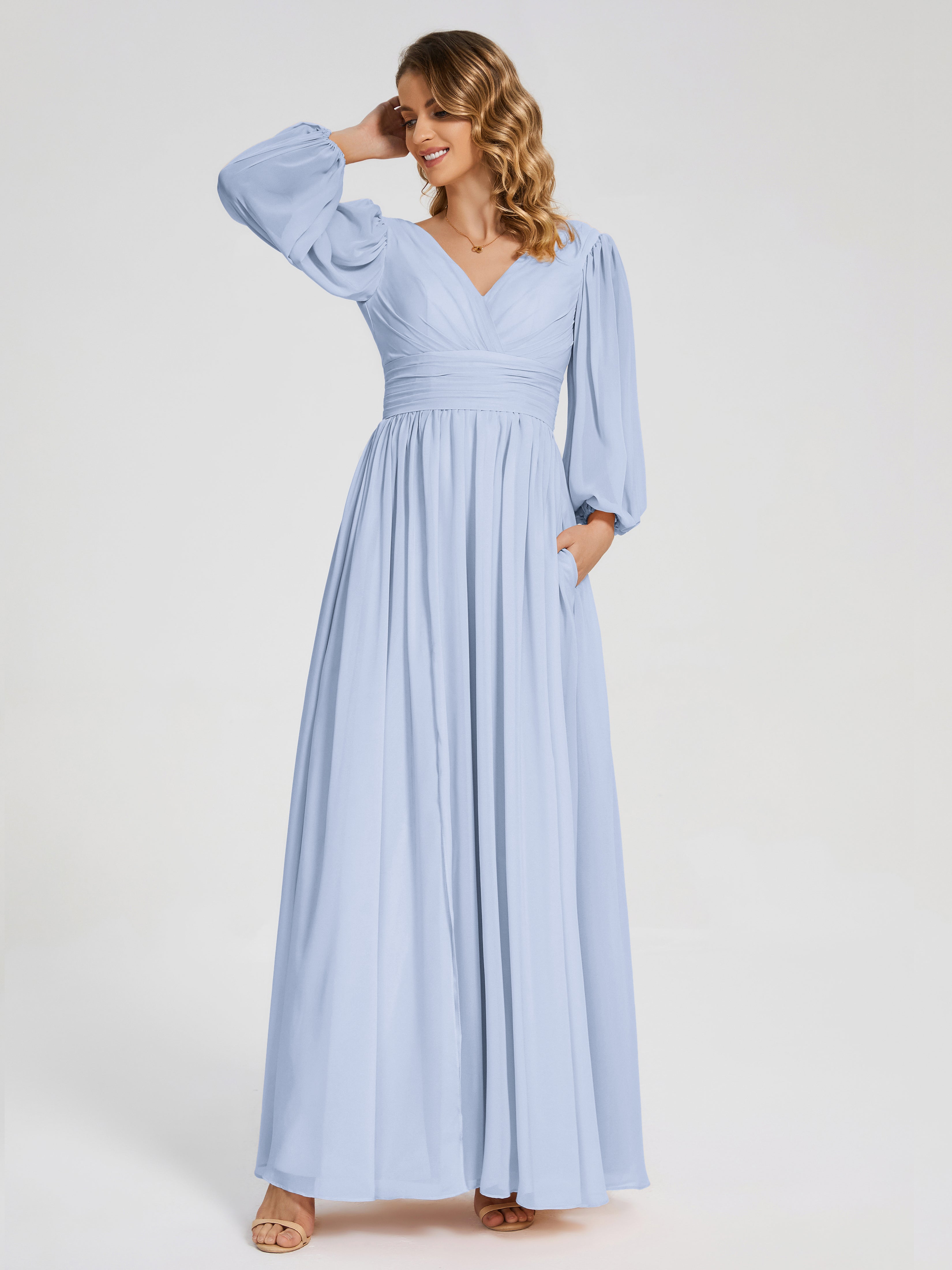 Robe Demoiselle D Honneur Bleu Ciel Manches Longues Dos Nu Mousseline Robes Demoiselle D'Honneur