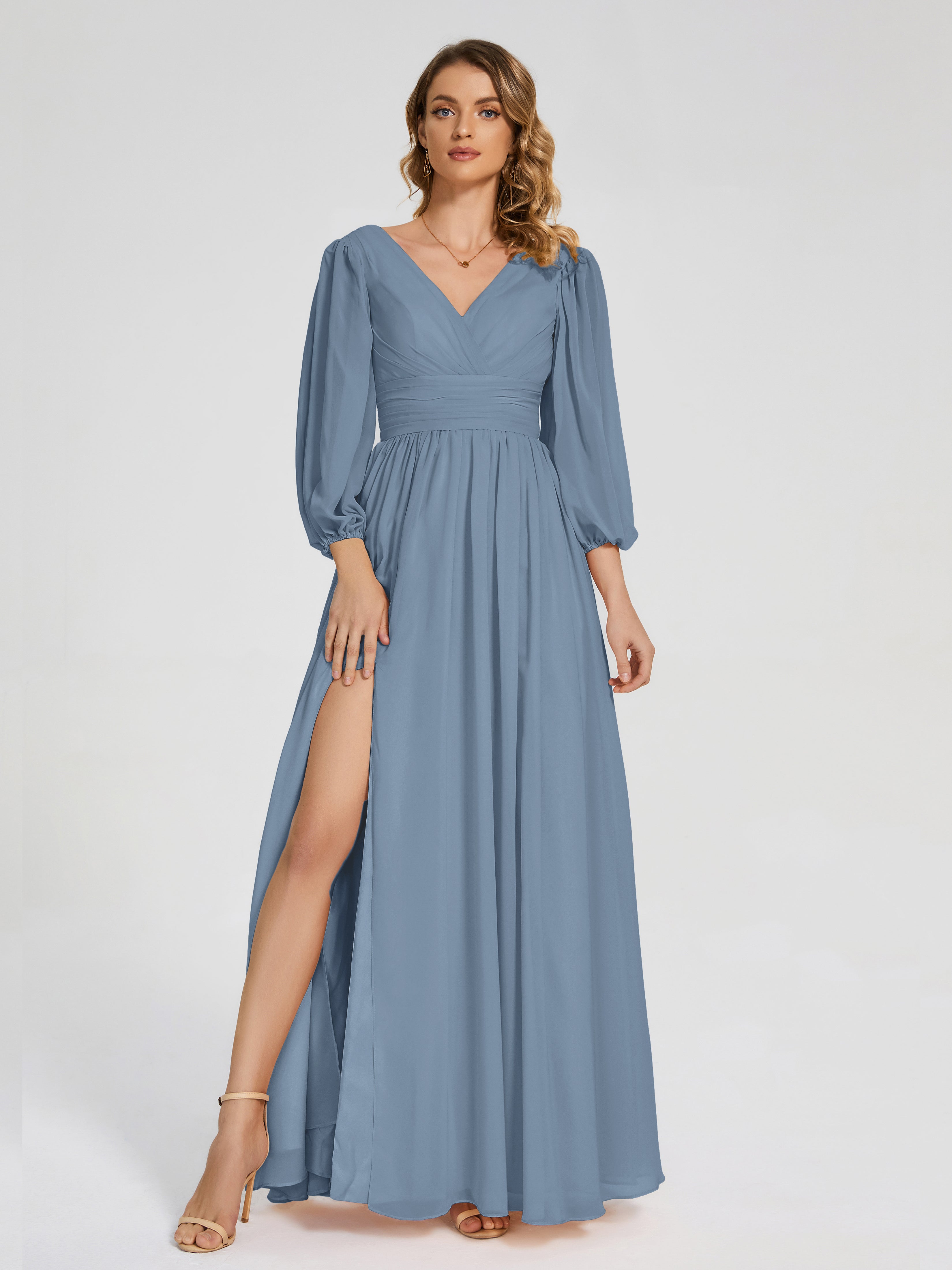 Robes De Demoiselle D'Honneur Bleu De Schiste Manches Longues Dos Nu Mousseline Robes Demoiselle D'Honneur
