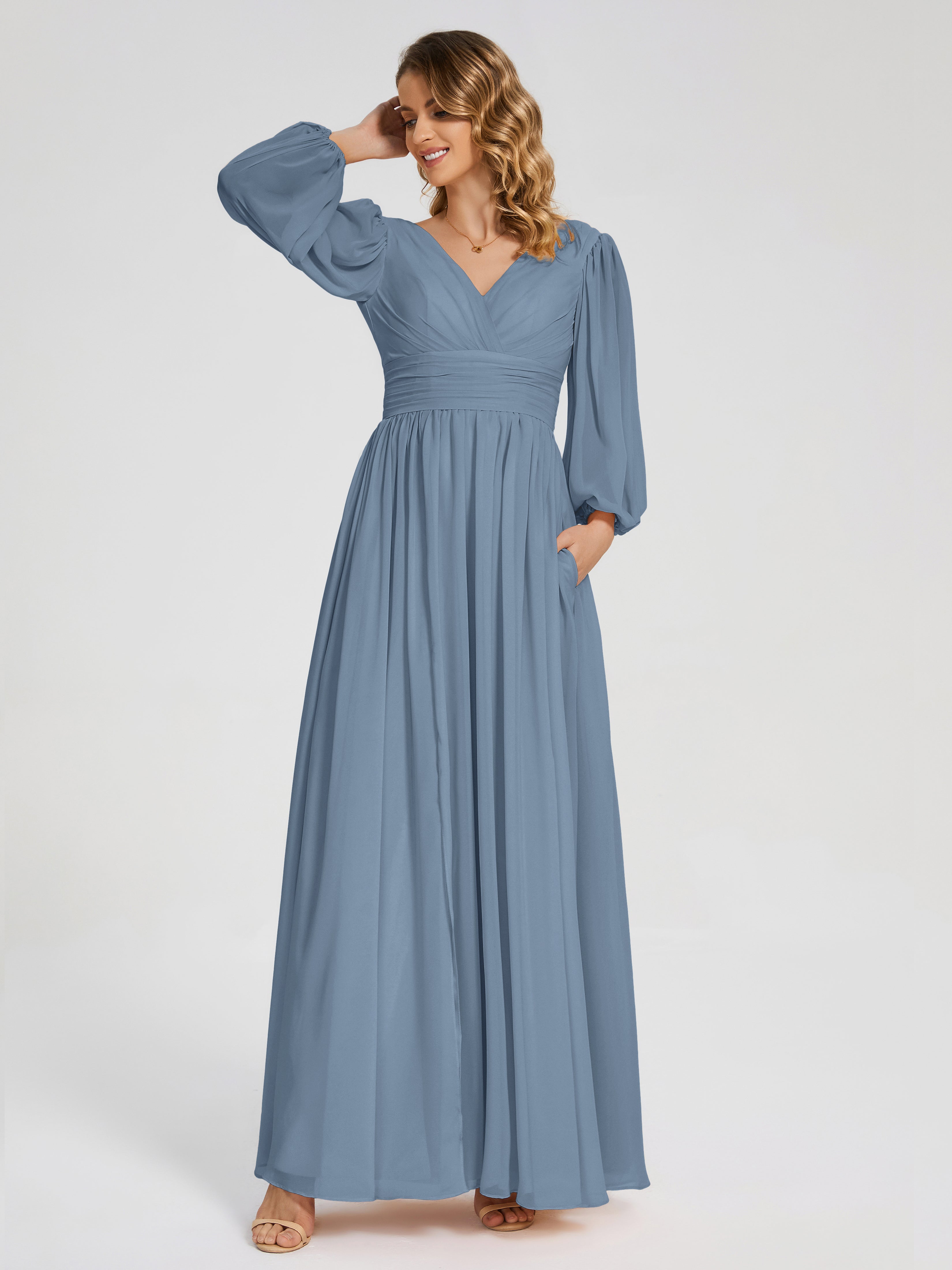 Robes De Demoiselle D'Honneur Bleu De Schiste Manches Longues Dos Nu Mousseline Robes Demoiselle D'Honneur