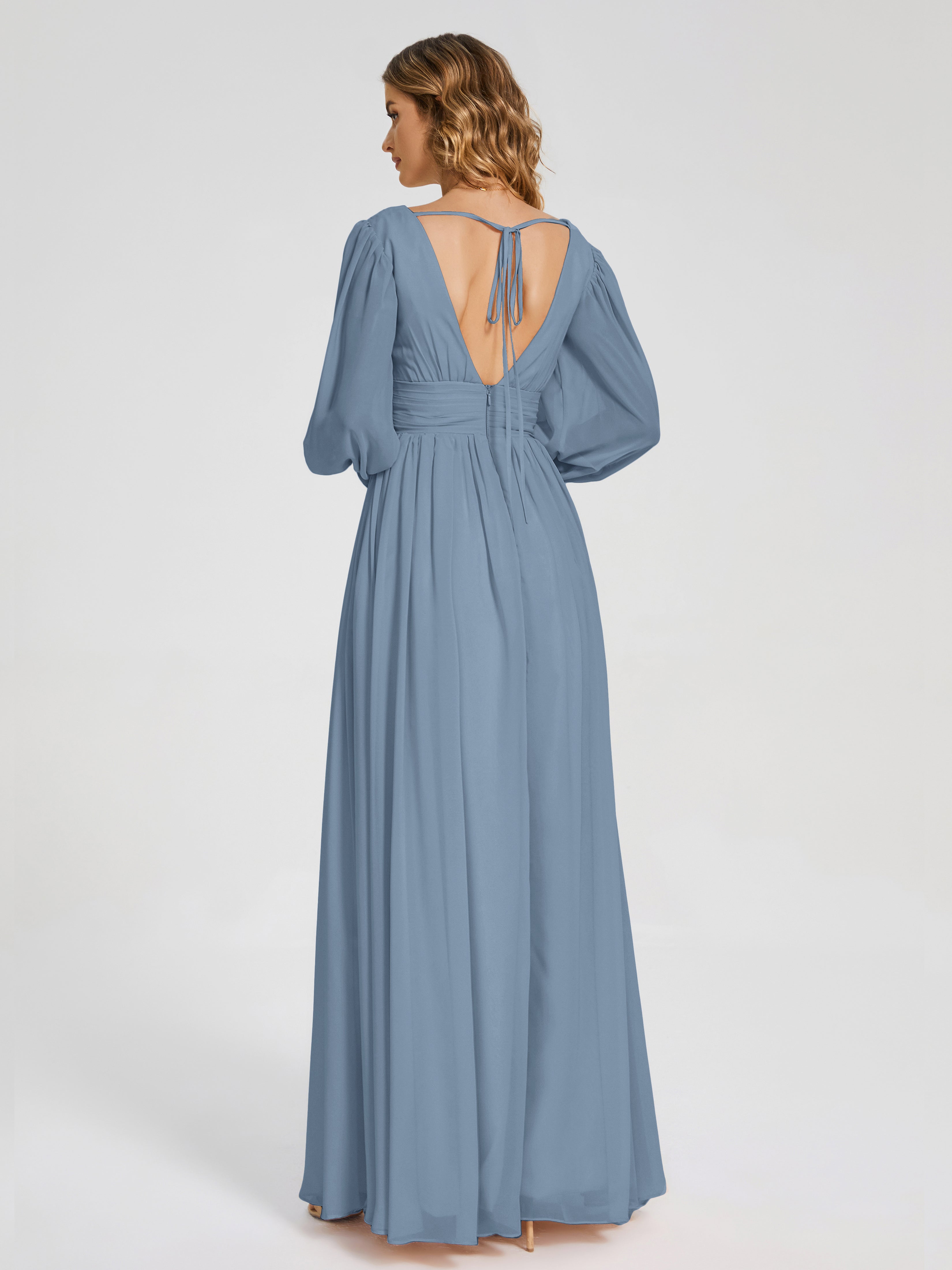 Robes De Demoiselle D'Honneur Bleu De Schiste Manches Longues Dos Nu Mousseline Robes Demoiselle D'Honneur