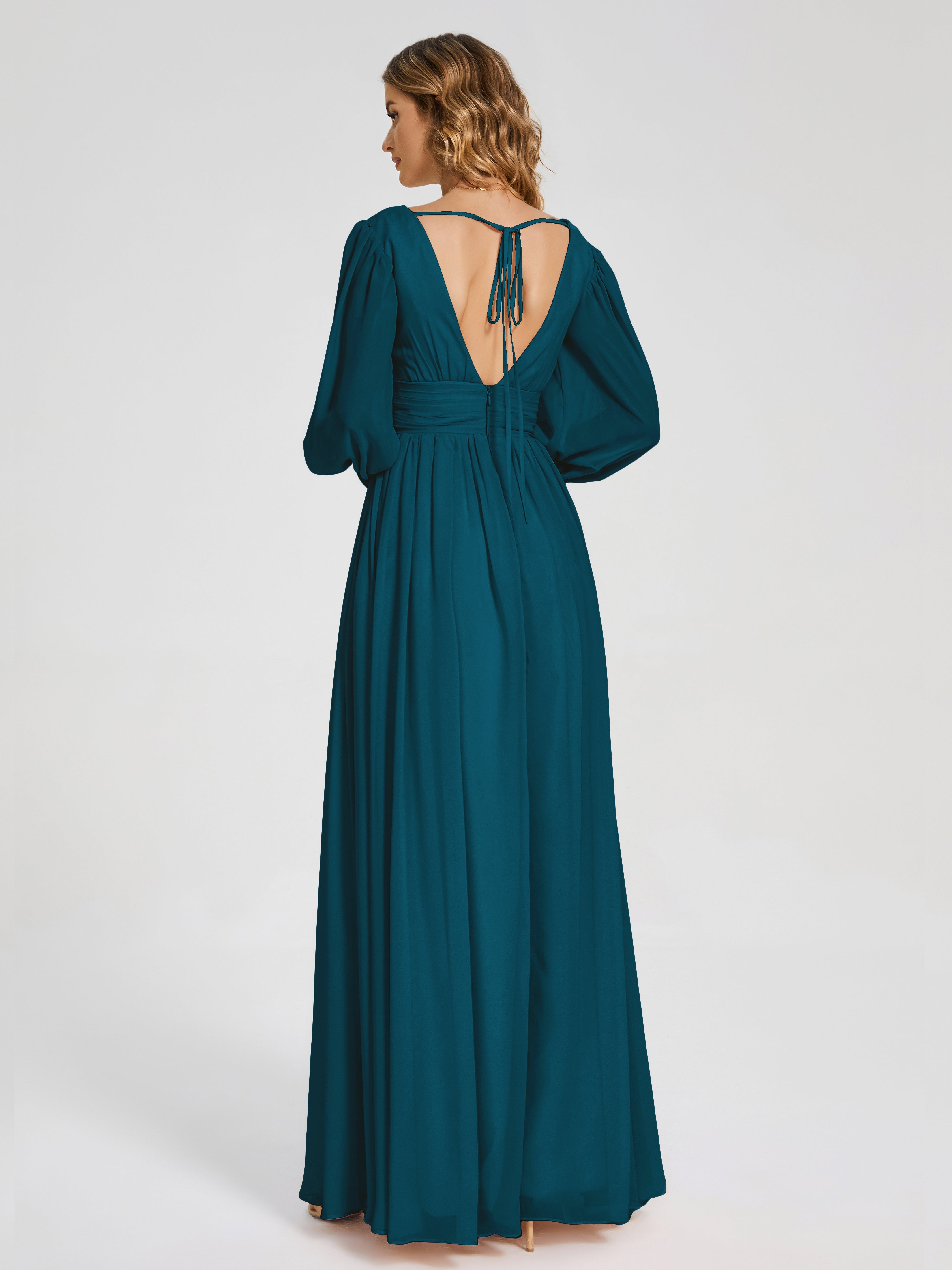 Robes De Demoiselle D'Honneur Bleu Encre Manches Longues Dos Nu Mousseline Robes Demoiselle D'Honneur