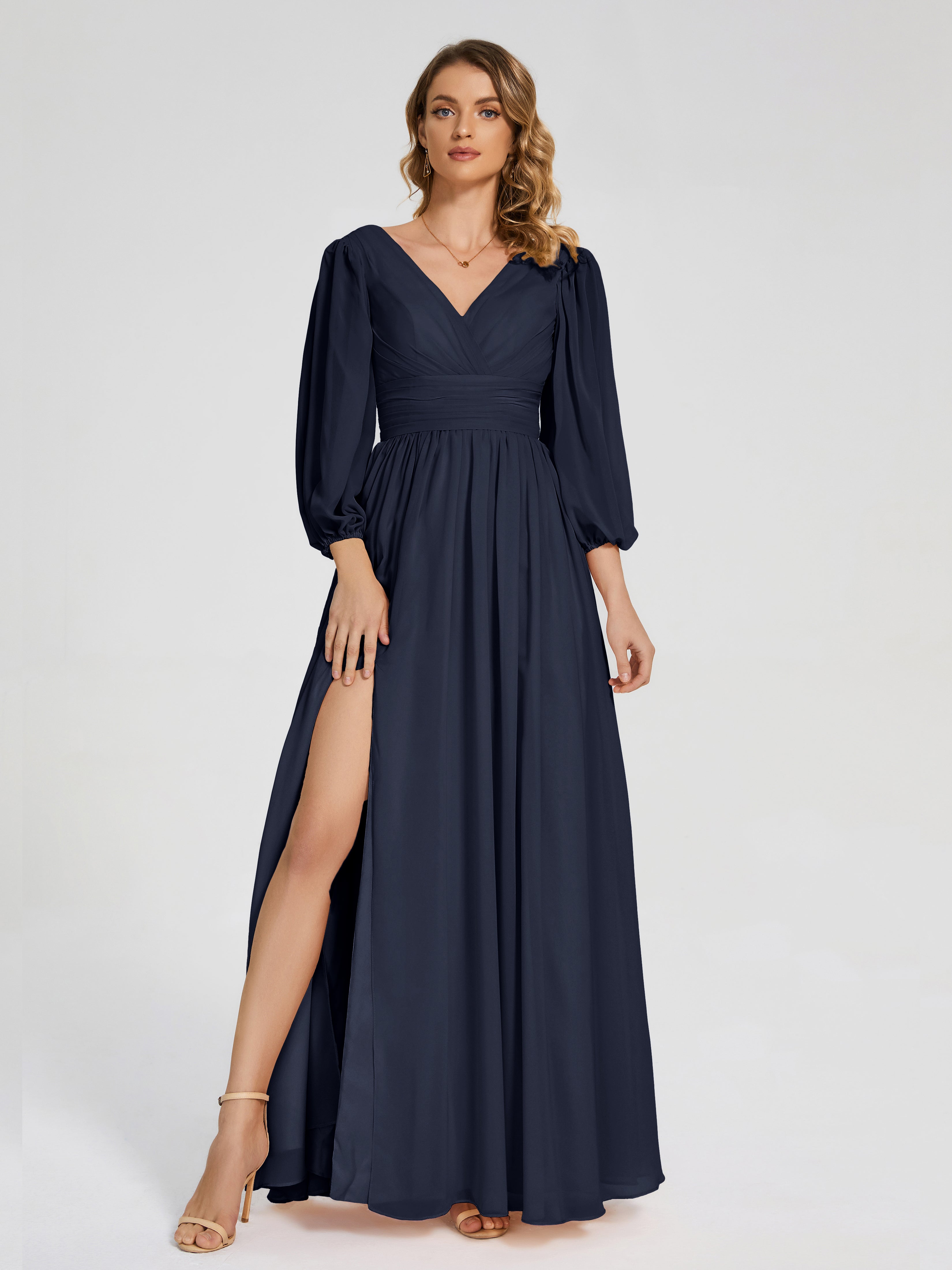 Robes De Demoiselle D'Honneur Bleu Marine Manches Longues Dos Nu Mousseline Robes Demoiselle D'Honneur