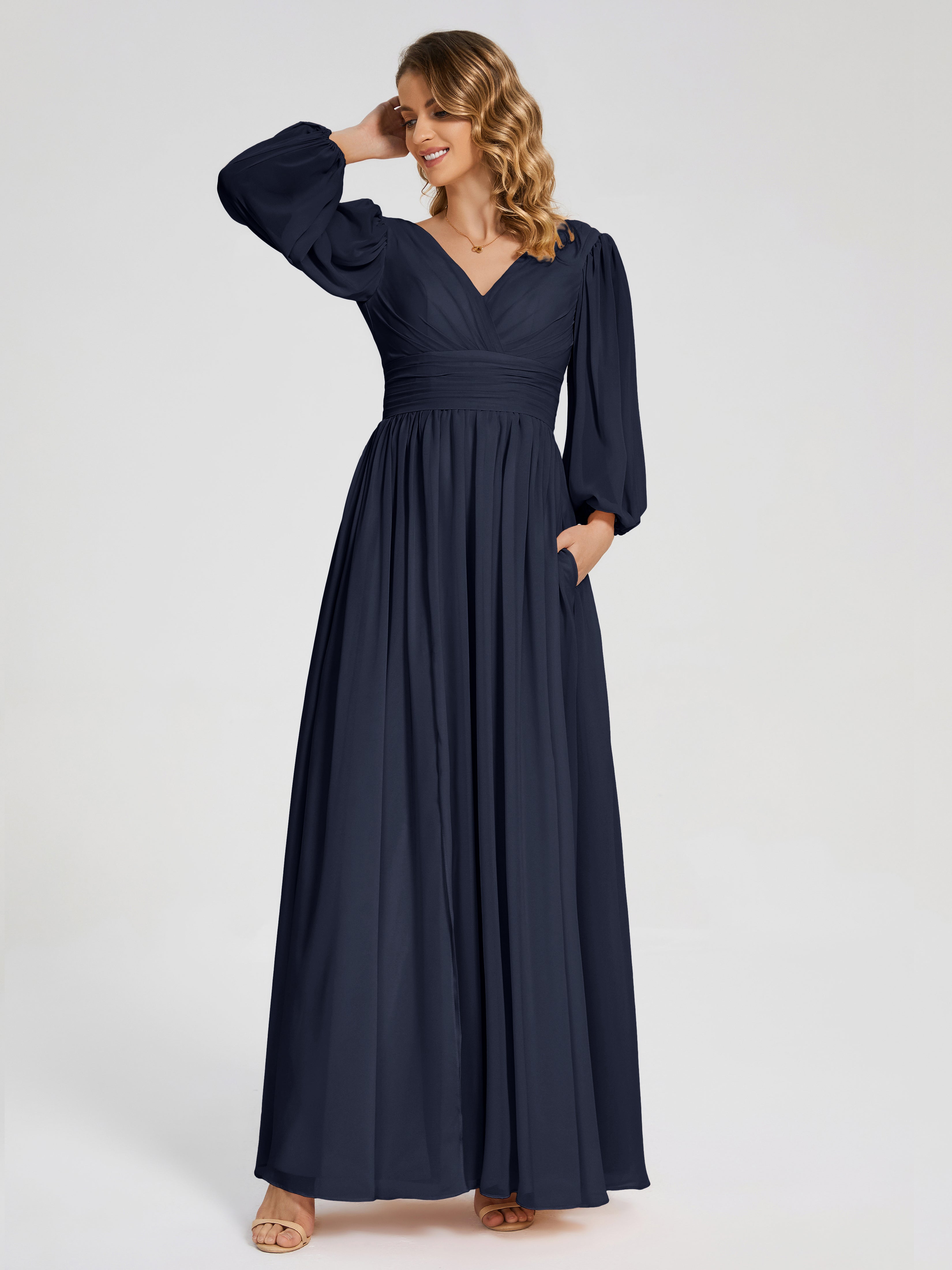 Robes De Demoiselle D'Honneur Bleu Marine Manches Longues Dos Nu Mousseline Robes Demoiselle D'Honneur
