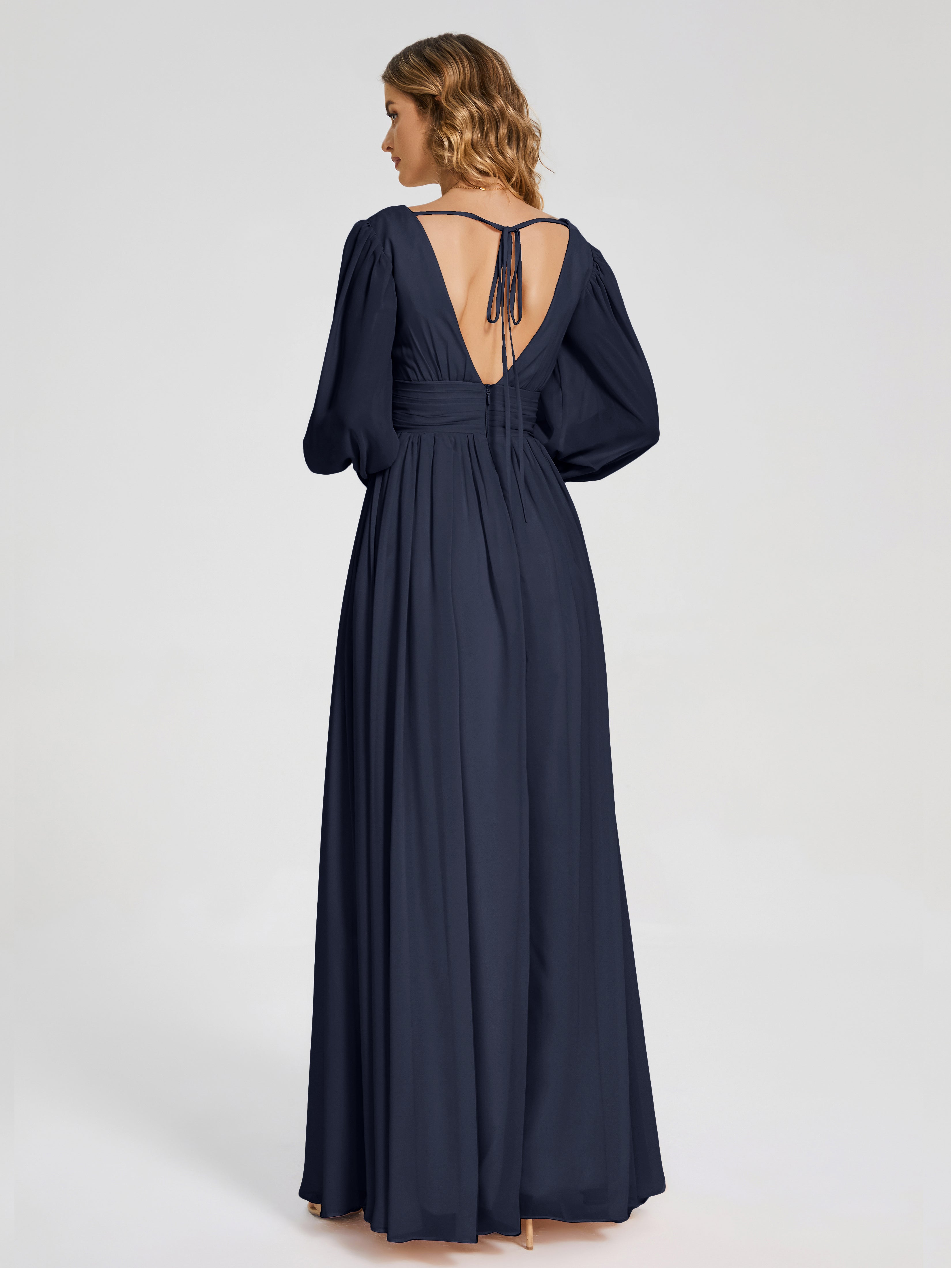 Robes De Demoiselle D'Honneur Bleu Marine Manches Longues Dos Nu Mousseline Robes Demoiselle D'Honneur