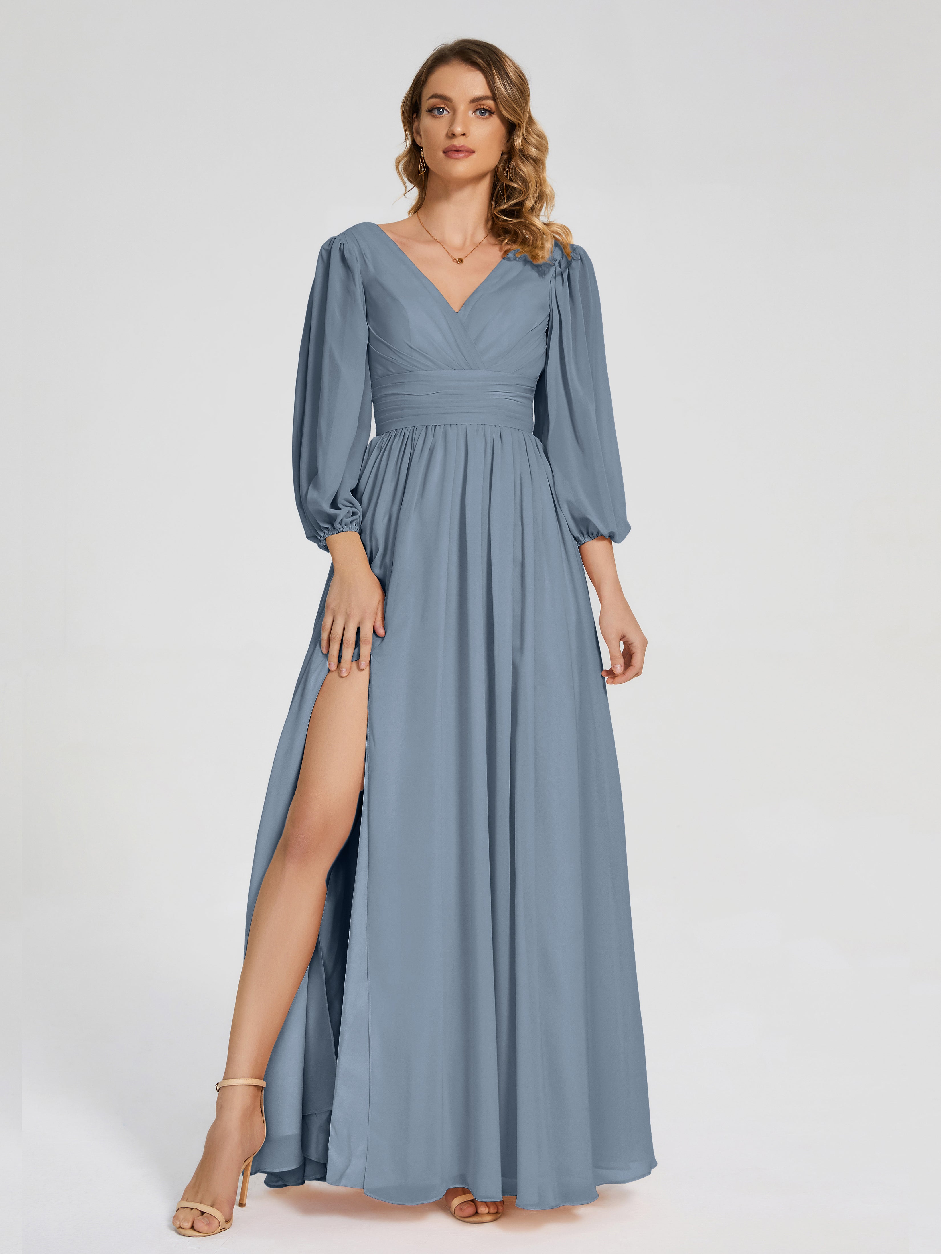Robes De Demoiselle D'Honneur Bleu Gris Manches Longues Dos Nu Mousseline Robes Demoiselle D'Honneur